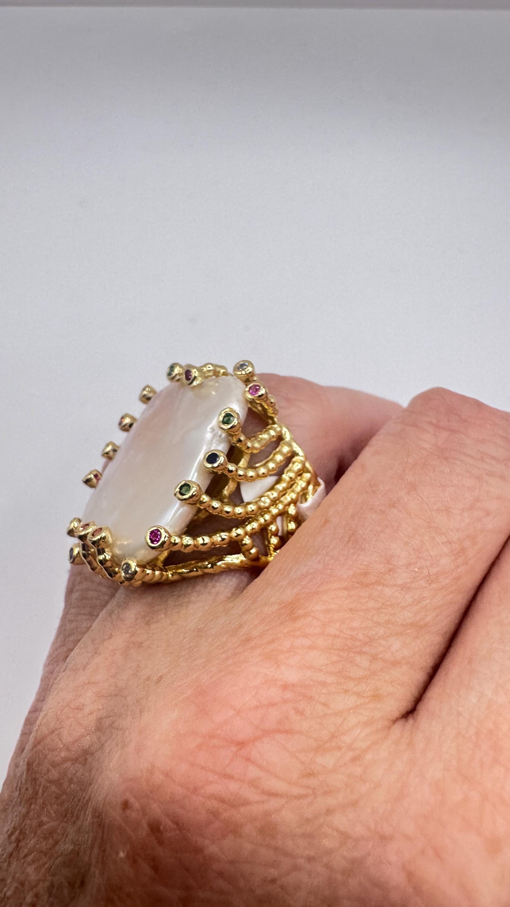 Vintage Biwa Pearl Ring Golden 925 Sterling Silver Cocktail Statement Adjustable