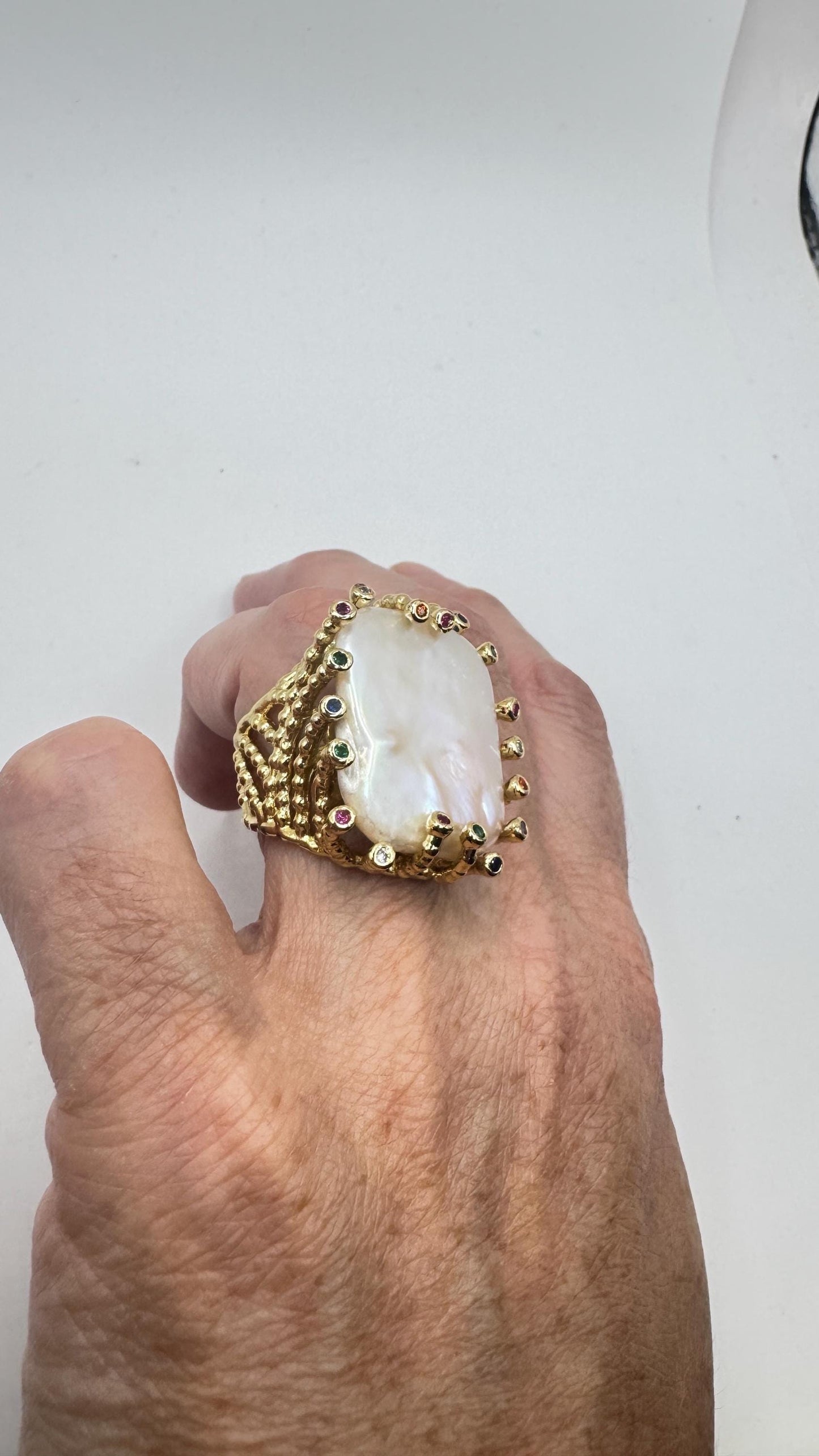 Vintage Biwa Pearl Ring Golden 925 Sterling Silver Cocktail Statement Adjustable