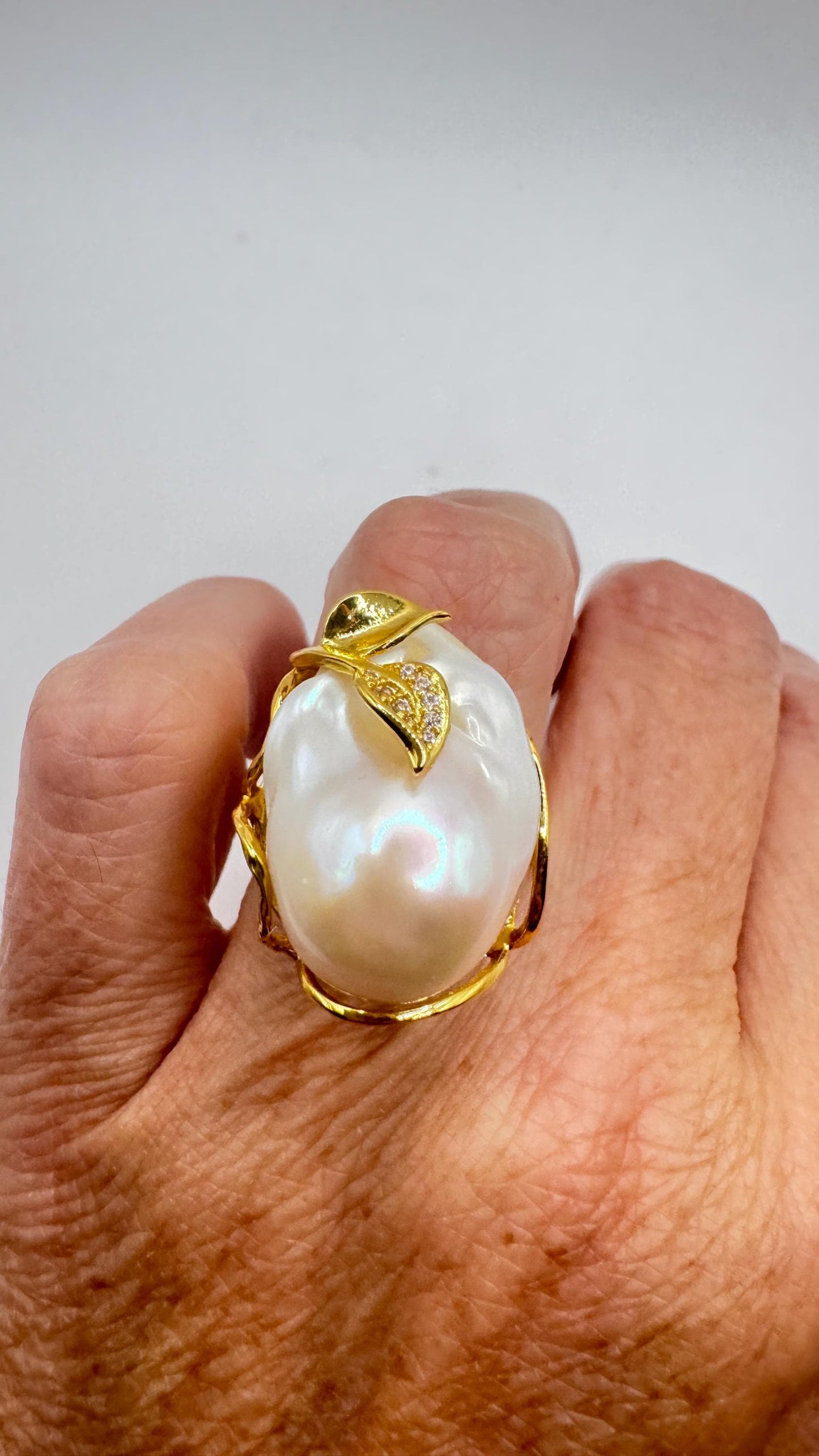 Vintage Biwa Pearl Ring Golden 925 Sterling Silver Cocktail Statement Adjustable