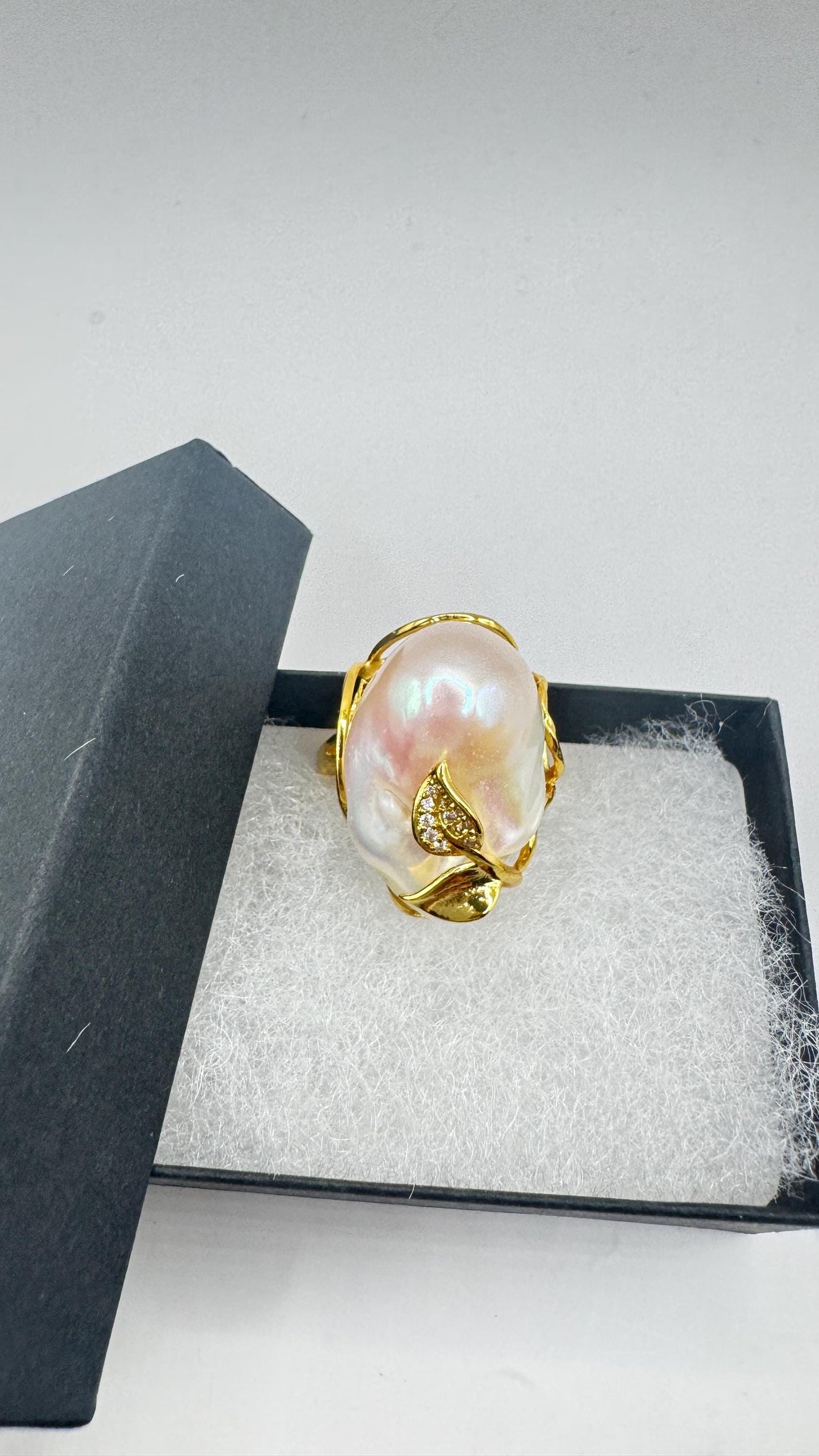 Vintage Biwa Pearl Ring Golden 925 Sterling Silver Cocktail Statement Adjustable