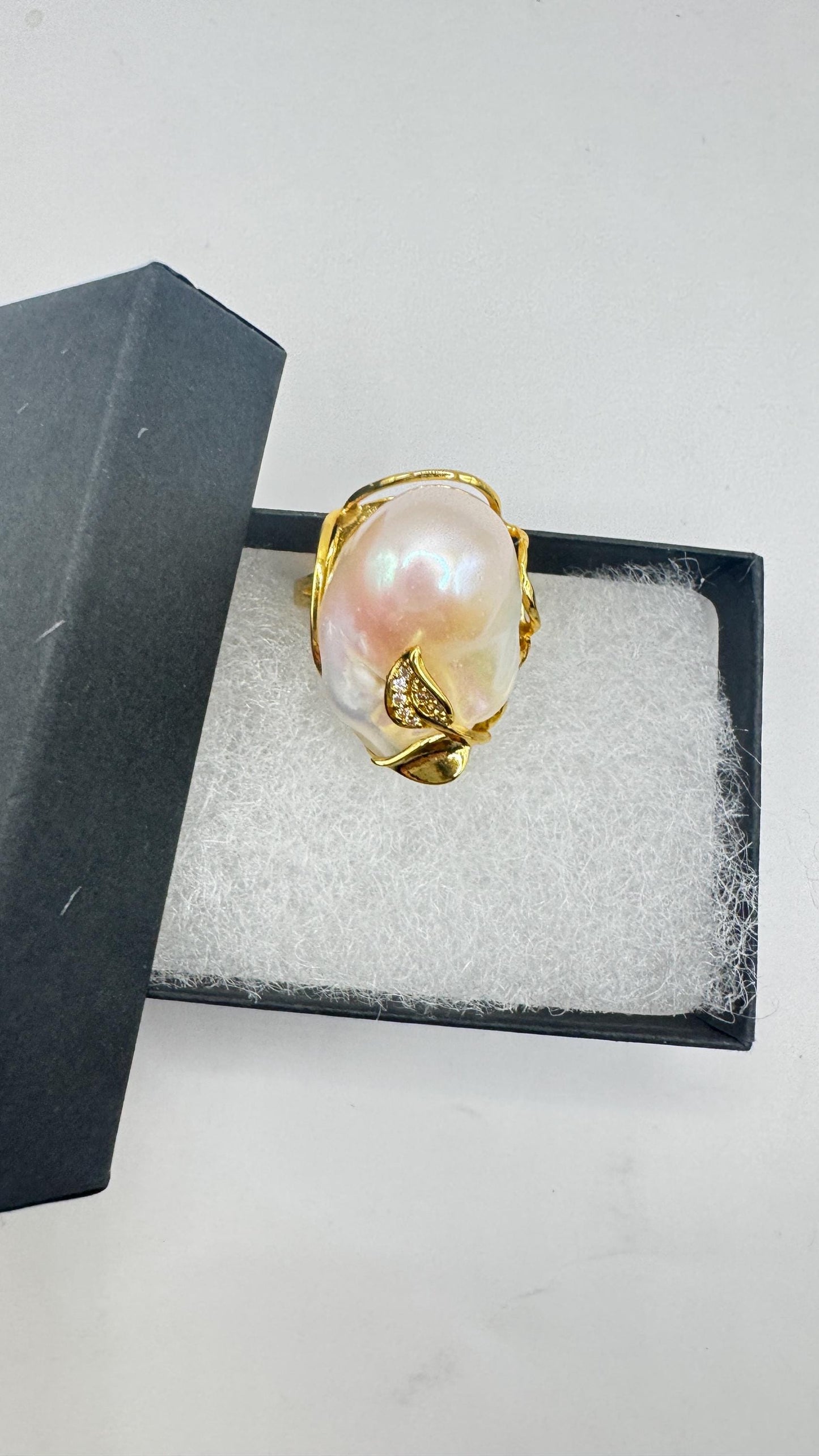 Vintage Biwa Pearl Ring Golden 925 Sterling Silver Cocktail Statement Adjustable
