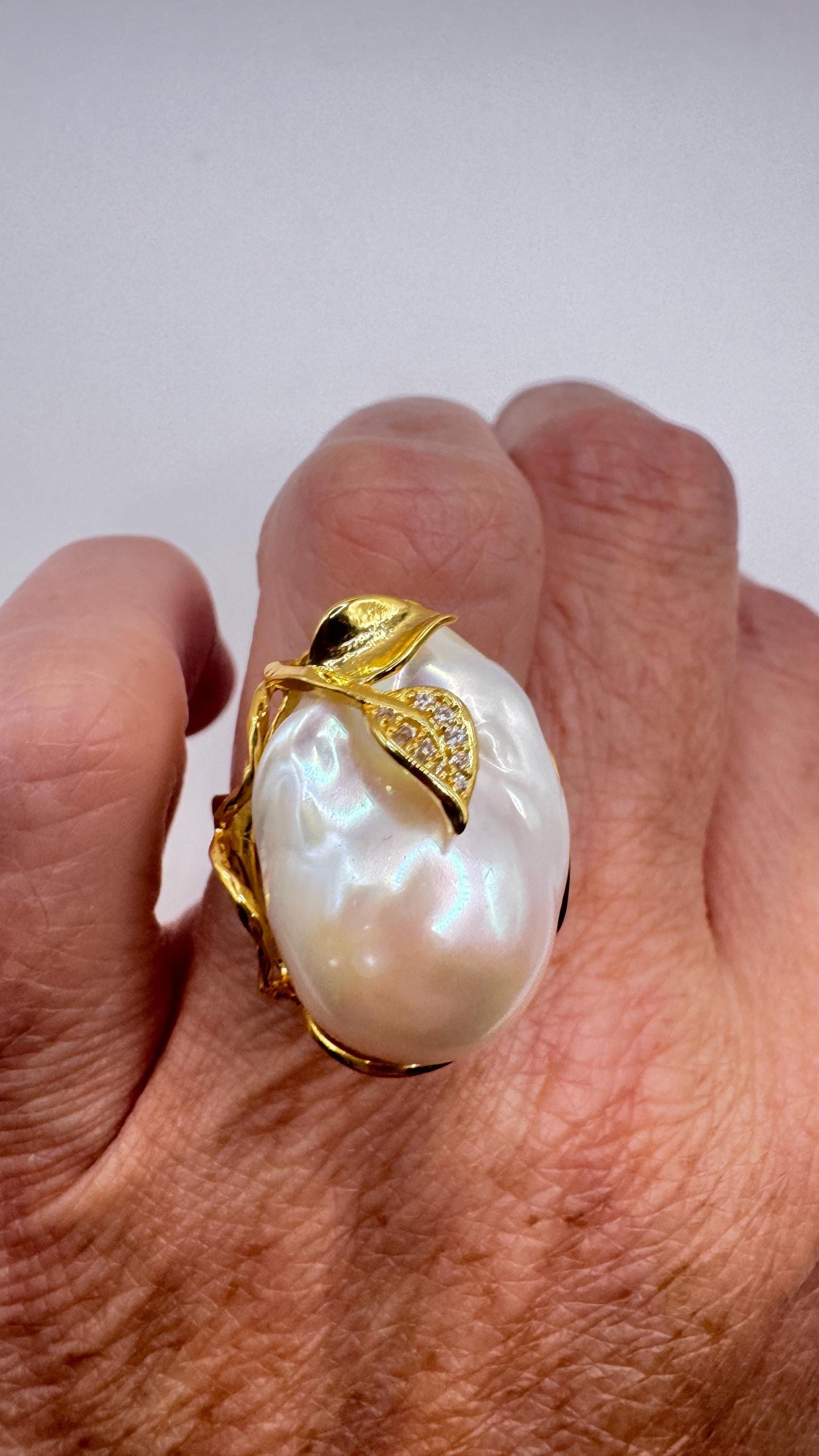 Vintage Biwa Pearl Ring Golden 925 Sterling Silver Cocktail Statement Adjustable