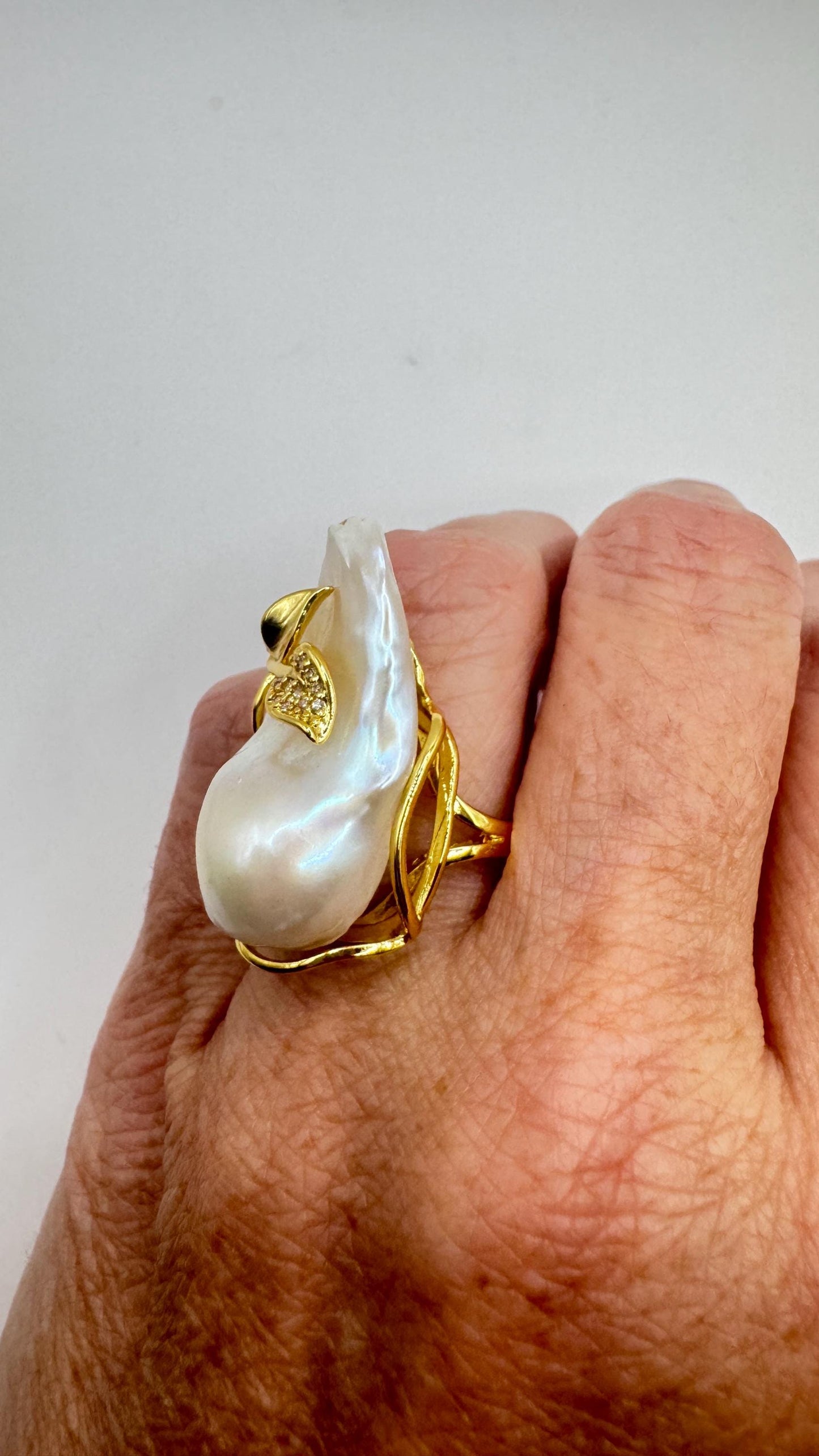 Vintage Biwa Pearl Ring Golden 925 Sterling Silver Cocktail Statement Adjustable