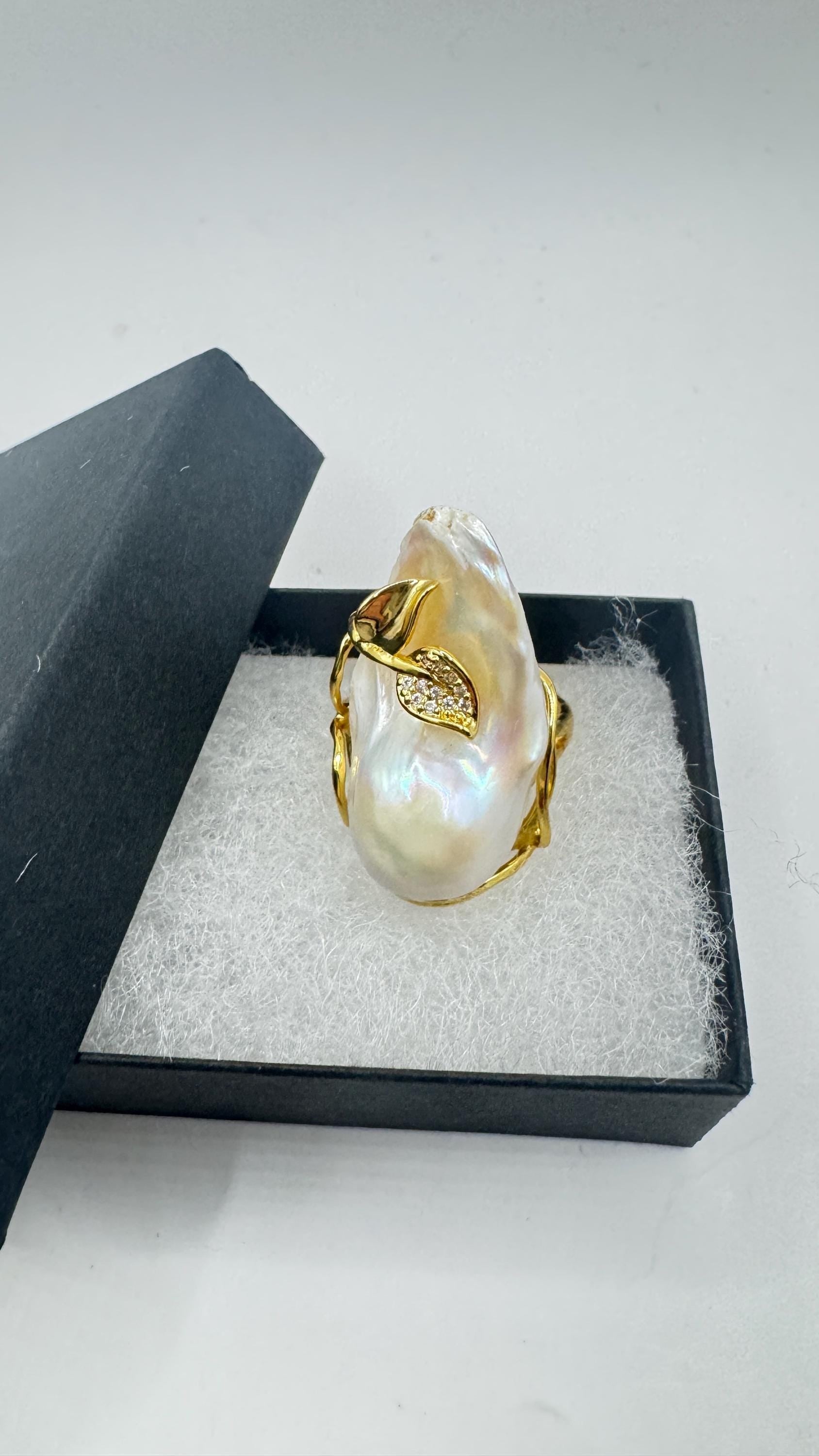 Vintage Biwa Pearl Ring Golden 925 Sterling Silver Cocktail Statement Adjustable