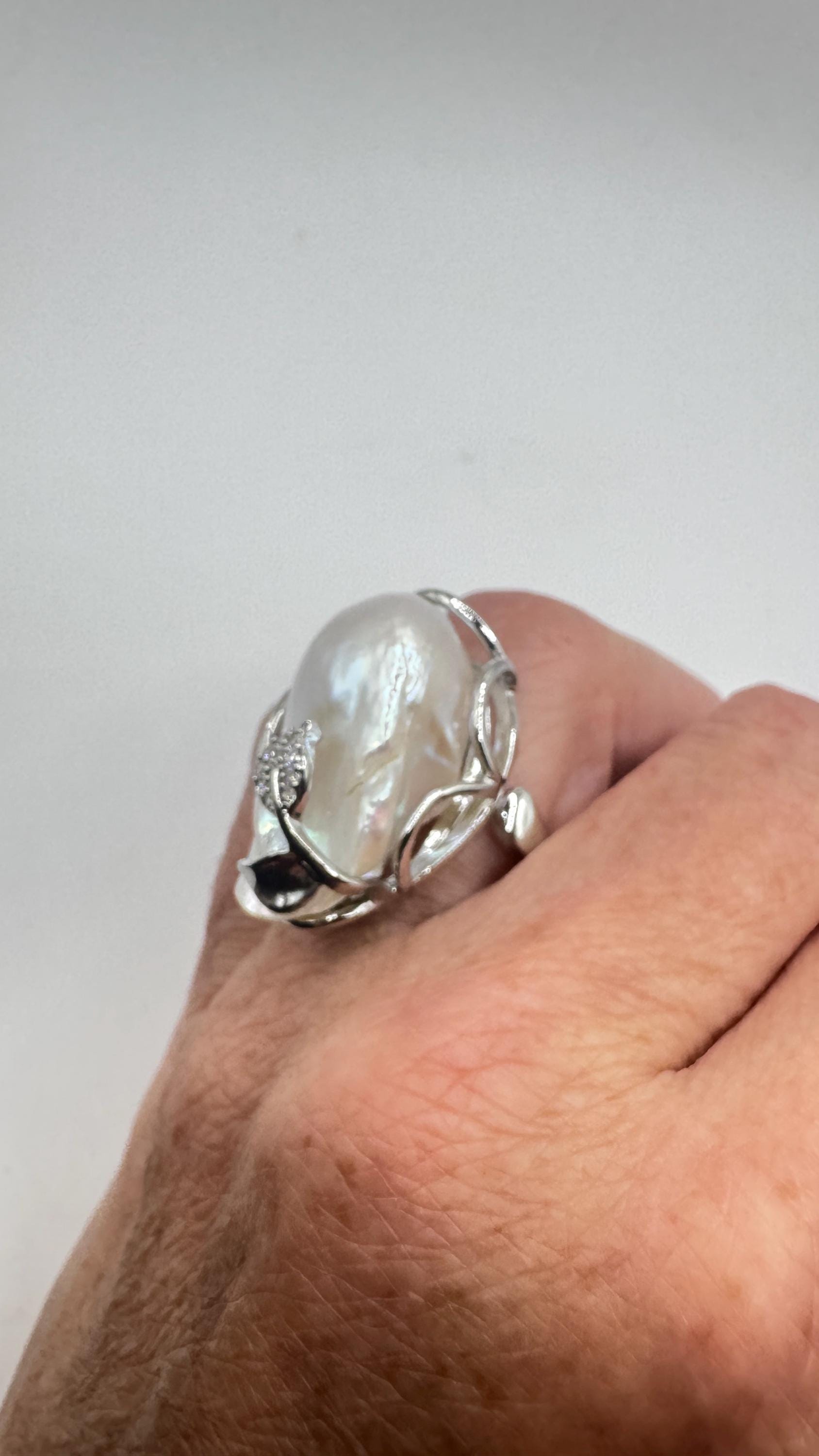 Vintage Biwa Pearl Ring 925 Sterling Silver Cocktail Statement Adjustable