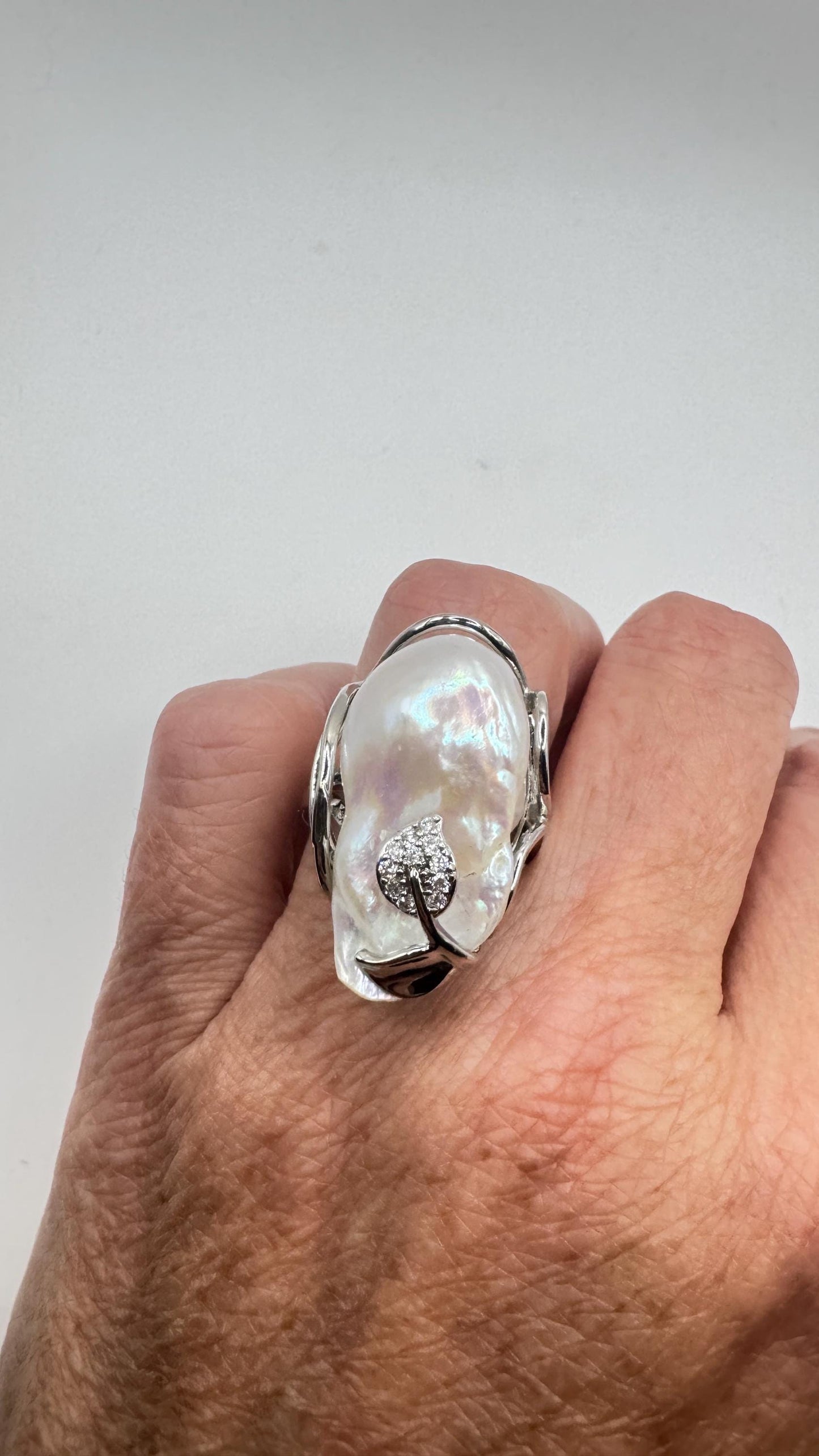 Vintage Biwa Pearl Ring 925 Sterling Silver Cocktail Statement Adjustable