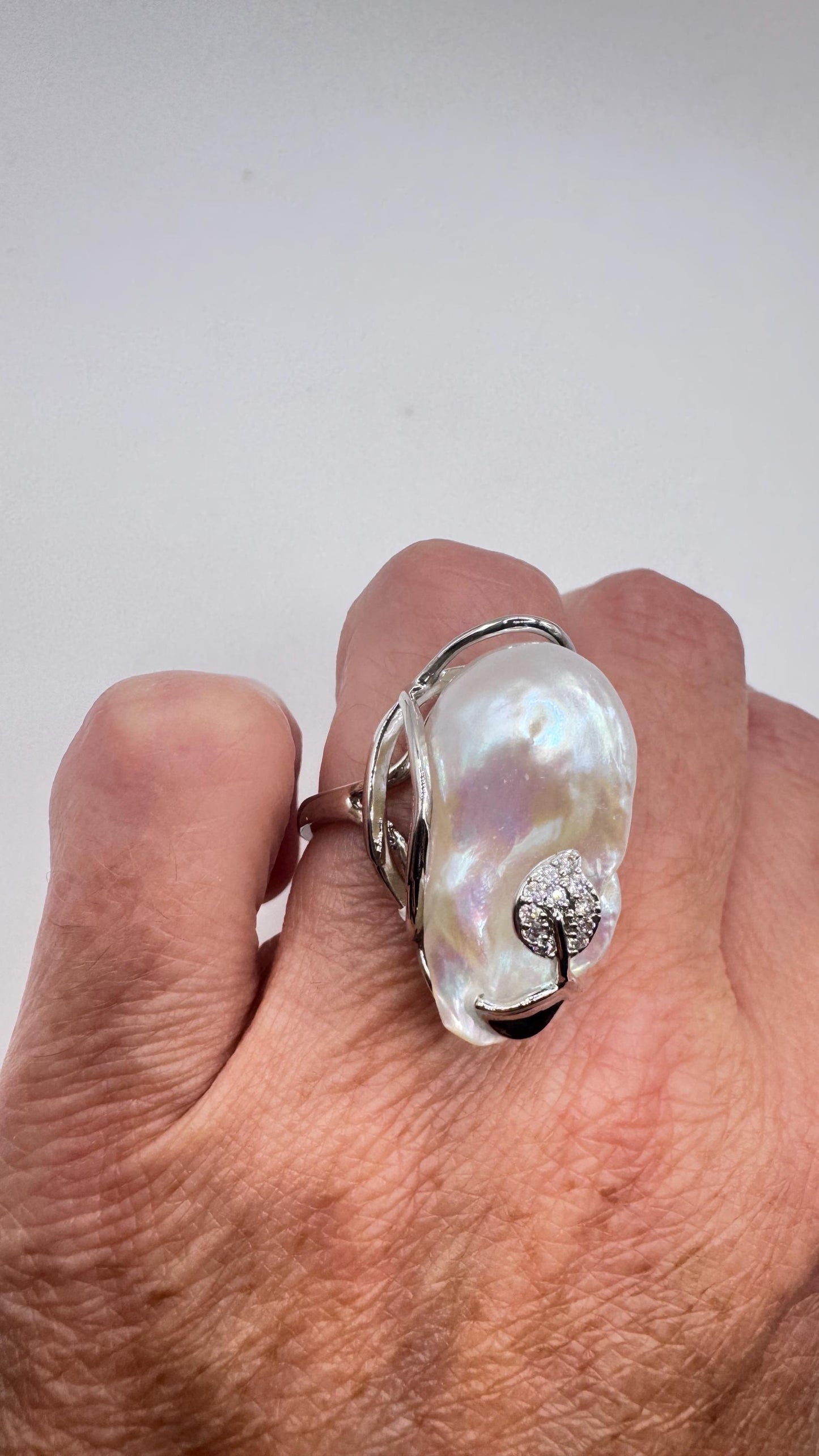 Vintage Biwa Pearl Ring 925 Sterling Silver Cocktail Statement Adjustable