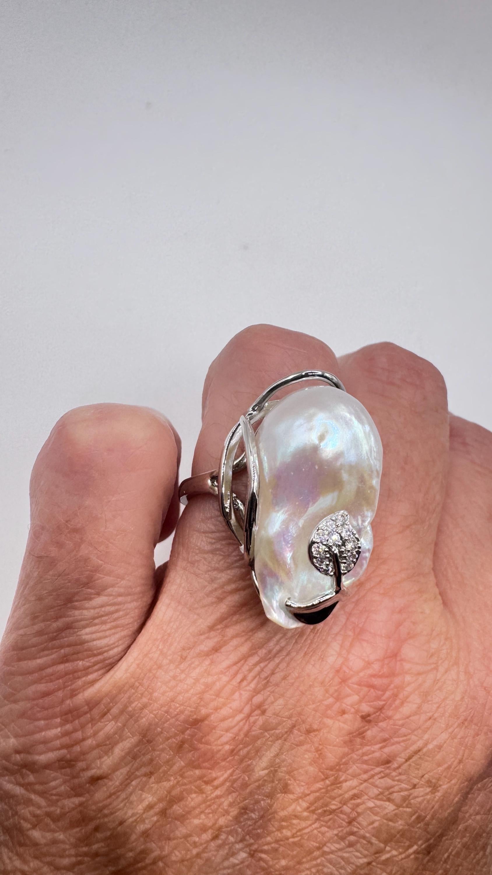 Vintage Biwa Pearl Ring 925 Sterling Silver Cocktail Statement Adjustable