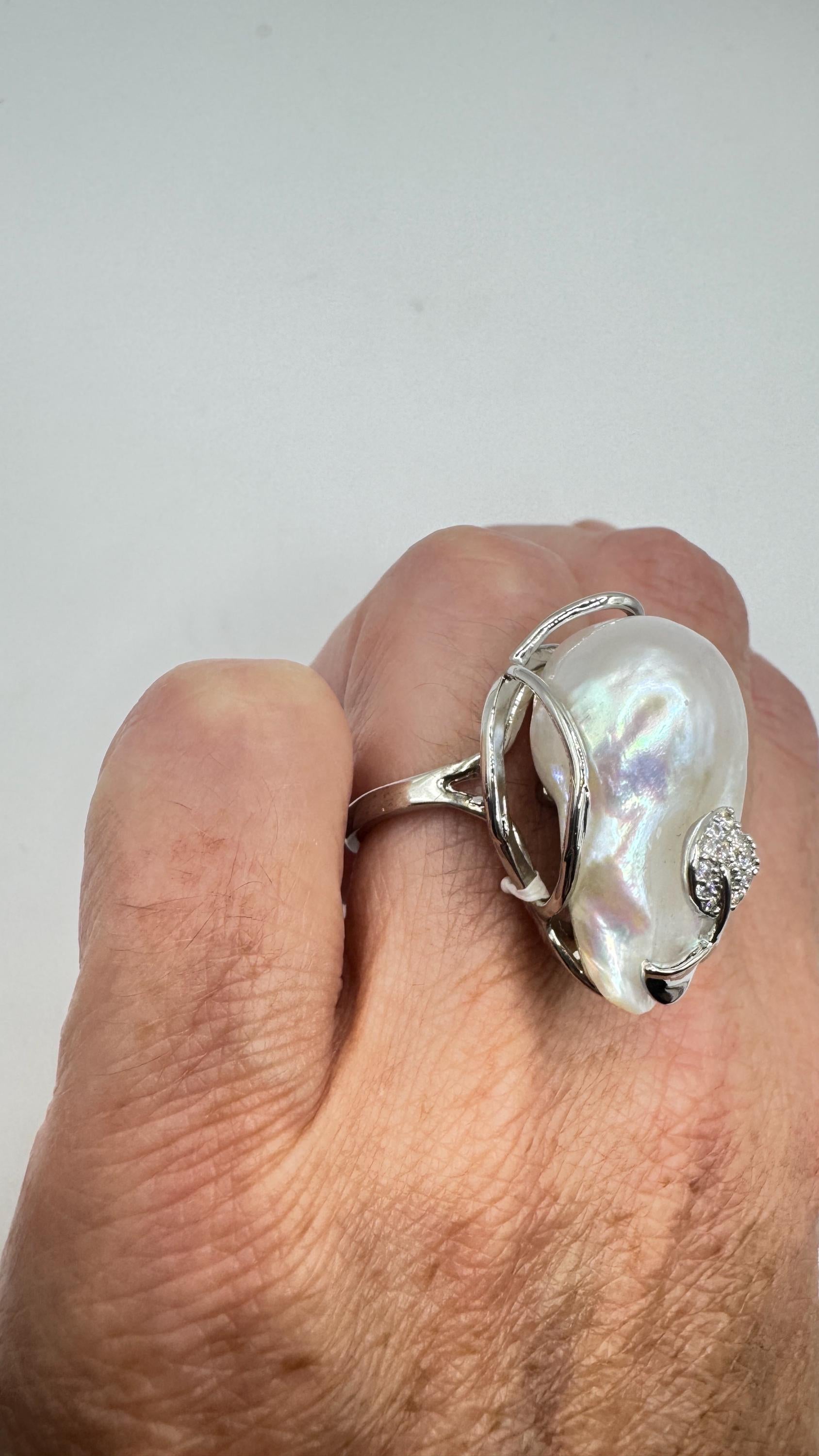 Vintage Biwa Pearl Ring 925 Sterling Silver Cocktail Statement Adjustable