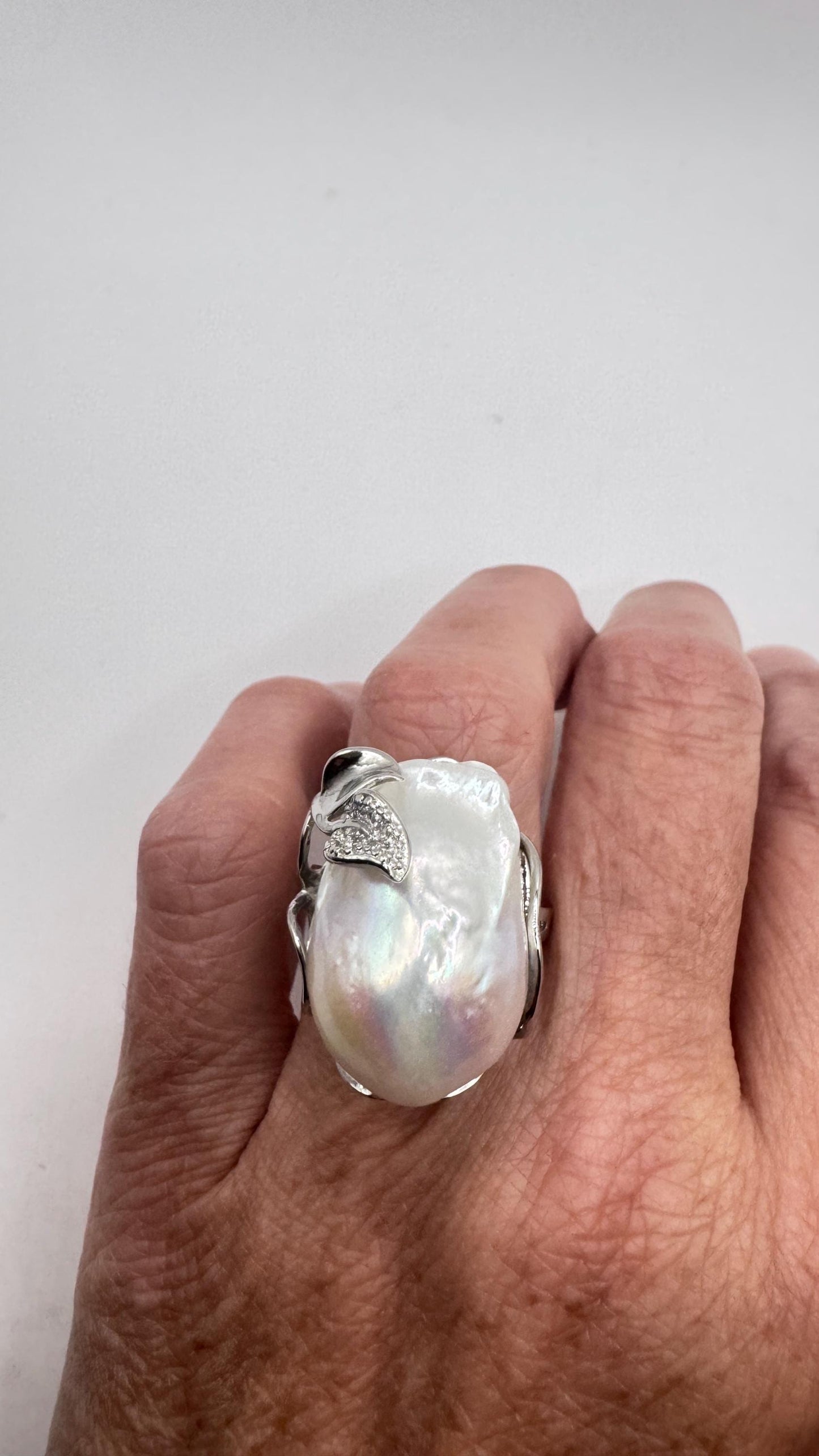 Vintage Biwa Pearl Ring 925 Sterling Silver Cocktail Statement Adjustable