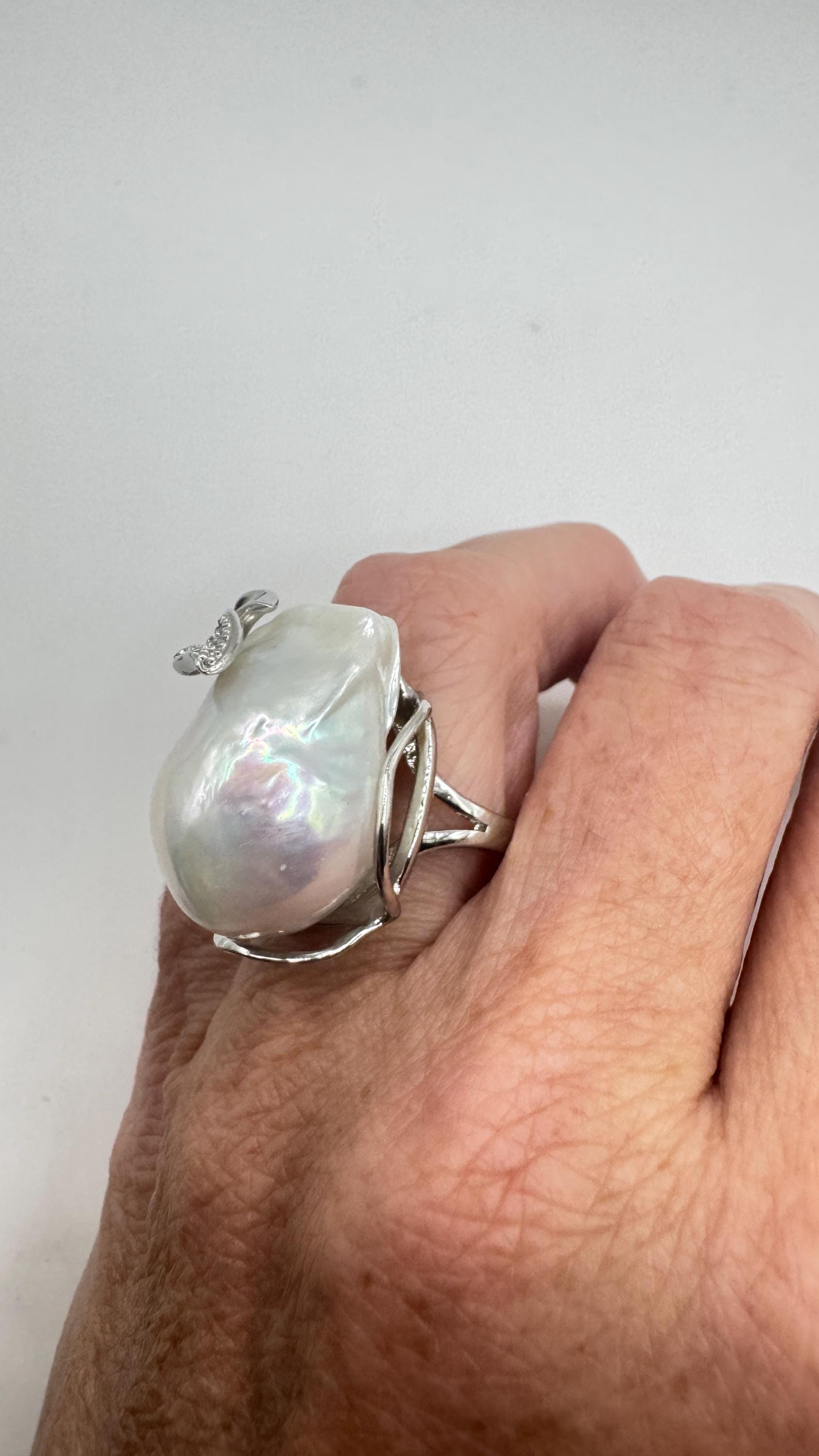 Vintage Biwa Pearl Ring 925 Sterling Silver Cocktail Statement Adjustable