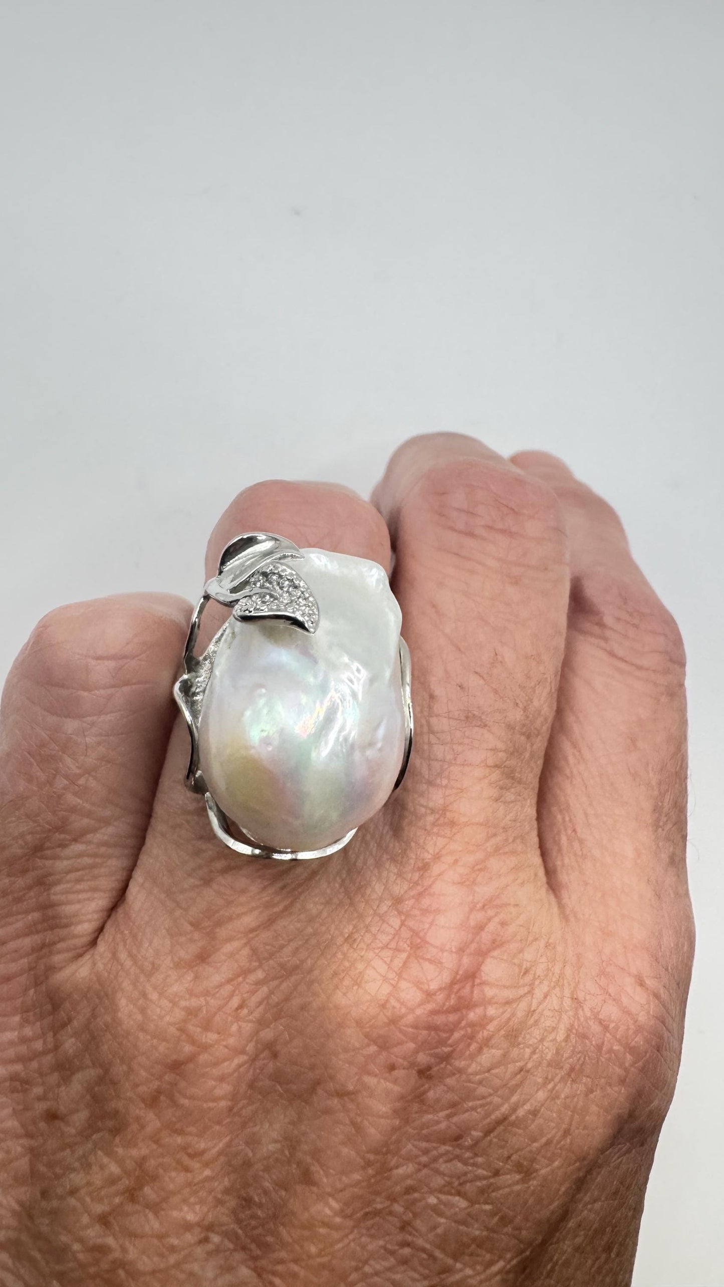 Vintage Biwa Pearl Ring 925 Sterling Silver Cocktail Statement Adjustable