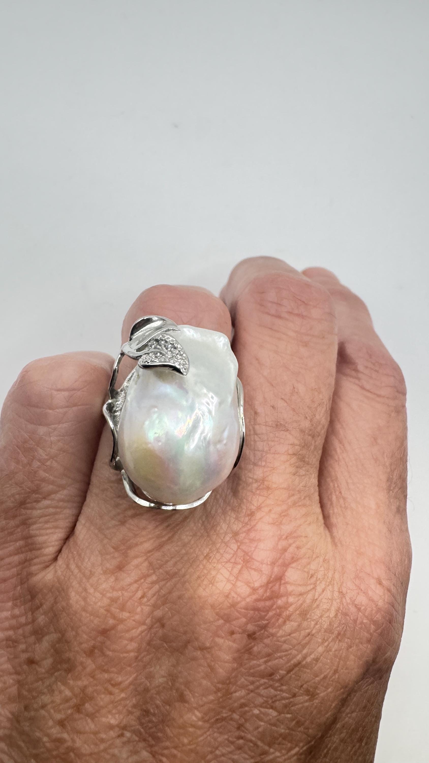 Vintage Biwa Pearl Ring 925 Sterling Silver Cocktail Statement Adjustable
