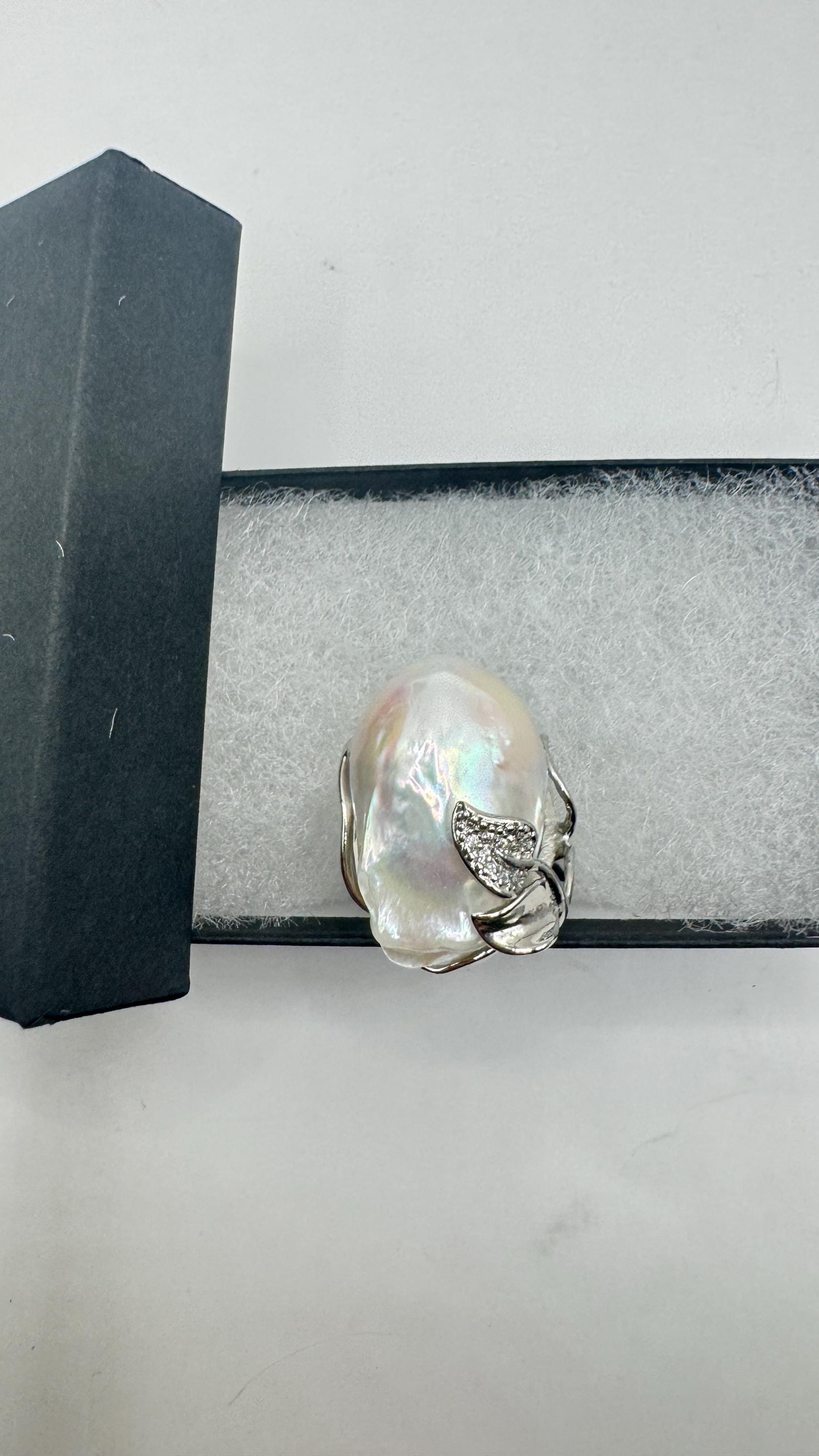 Vintage Biwa Pearl Ring 925 Sterling Silver Cocktail Statement Adjustable