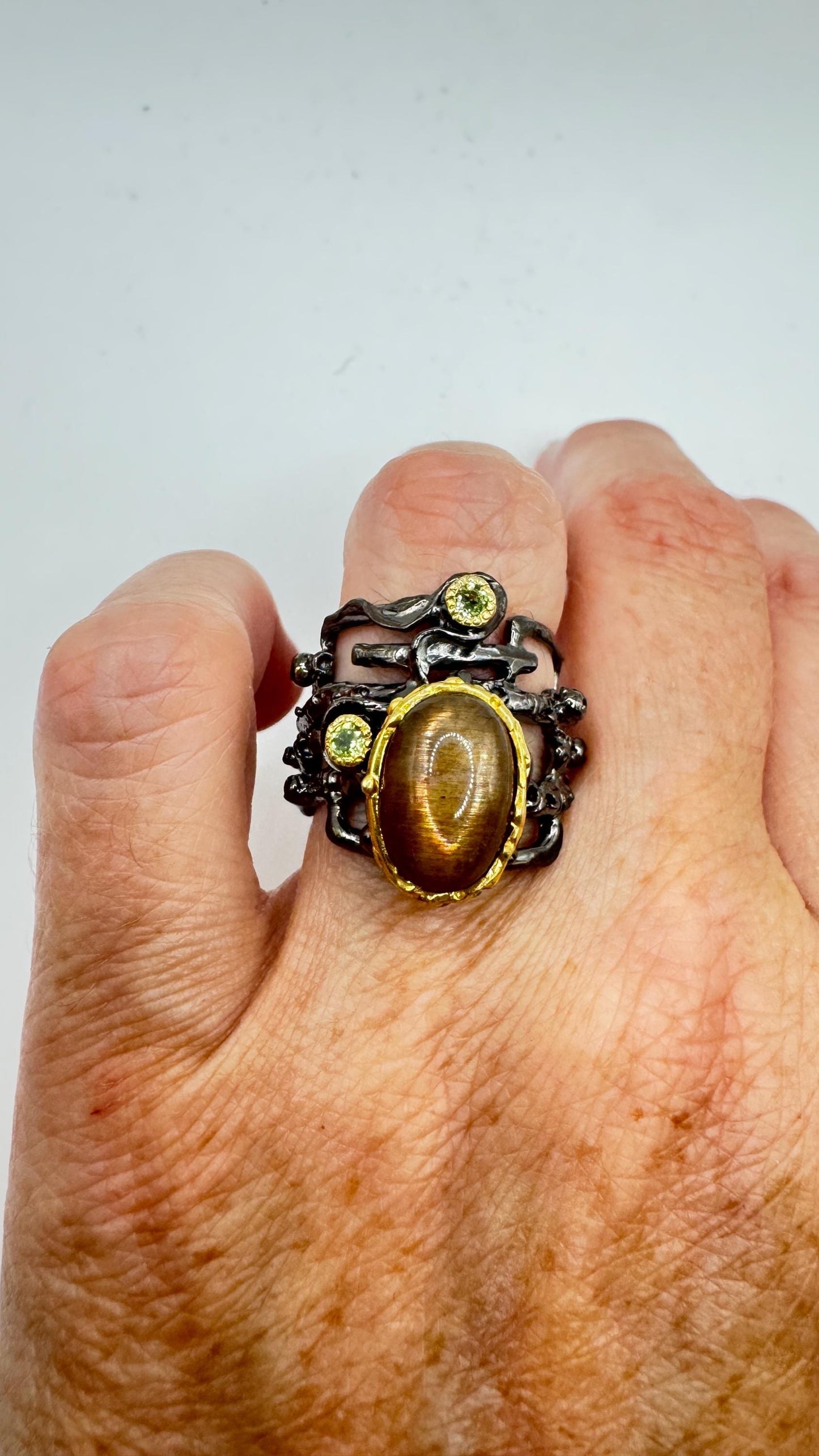 Vintage Golden Sunstone Cocktail Ring 925 Sterling Silver