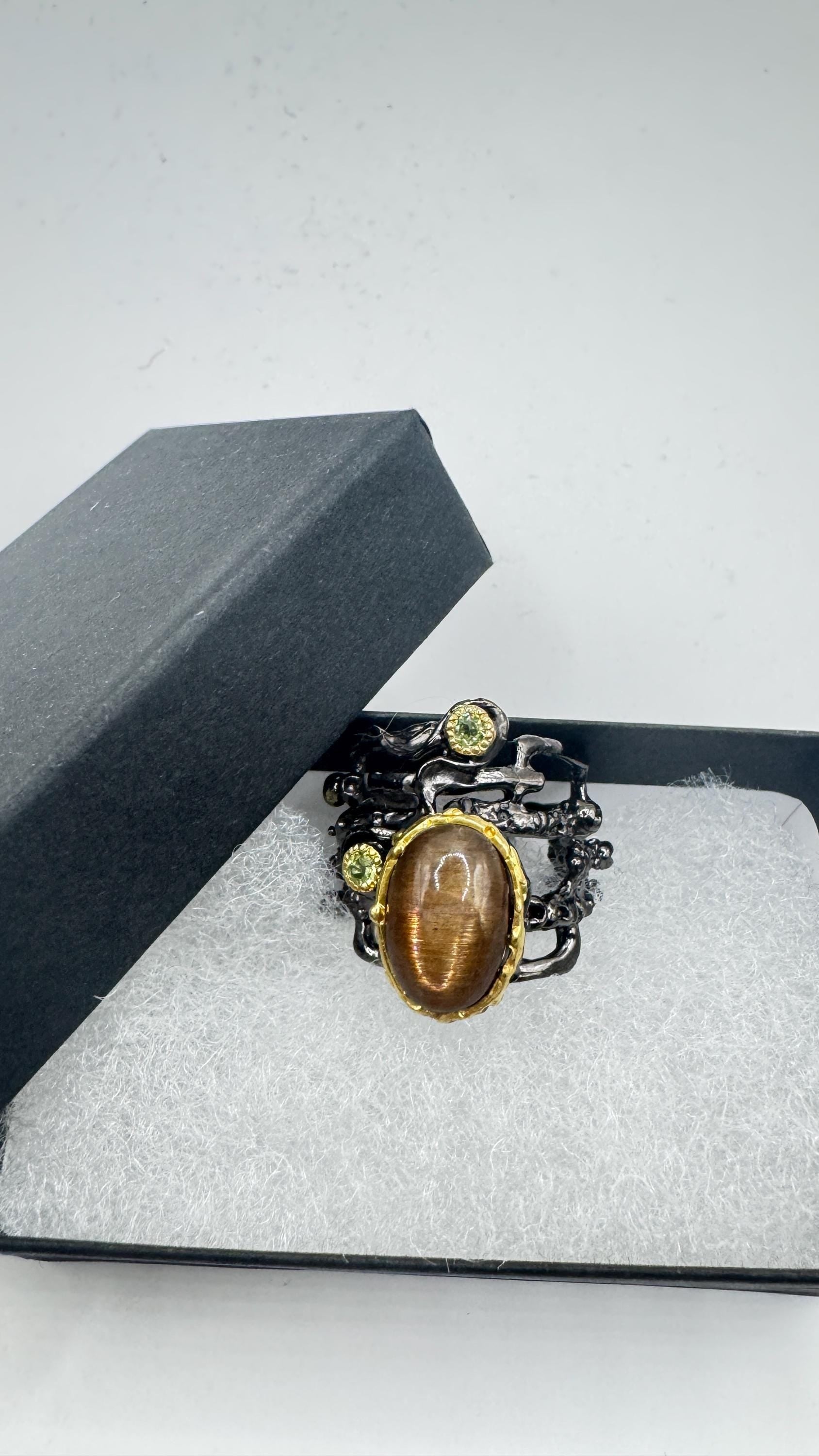 Vintage Golden Sunstone Cocktail Ring 925 Sterling Silver