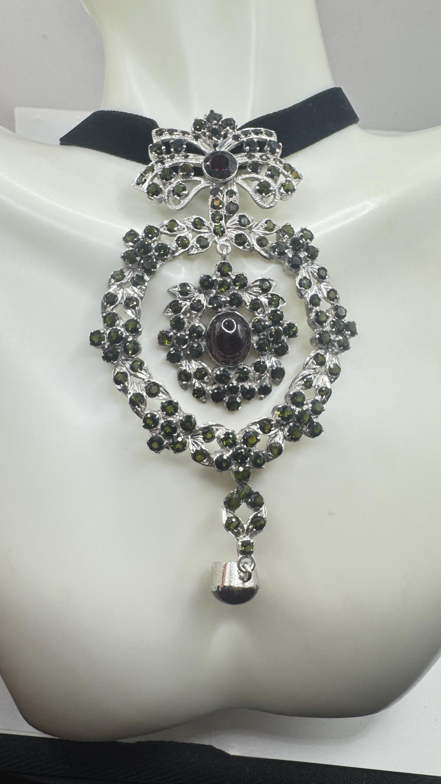 Vintage Green Toumaline 925 Sterling Silver Choker Deco Pendant