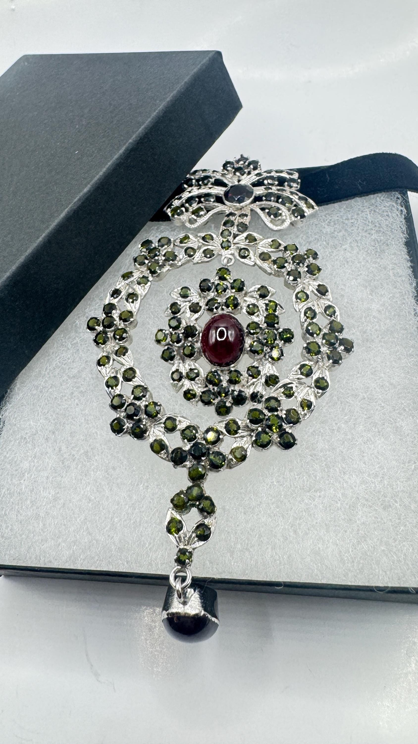 Vintage Green Toumaline 925 Sterling Silver Choker Deco Pendant