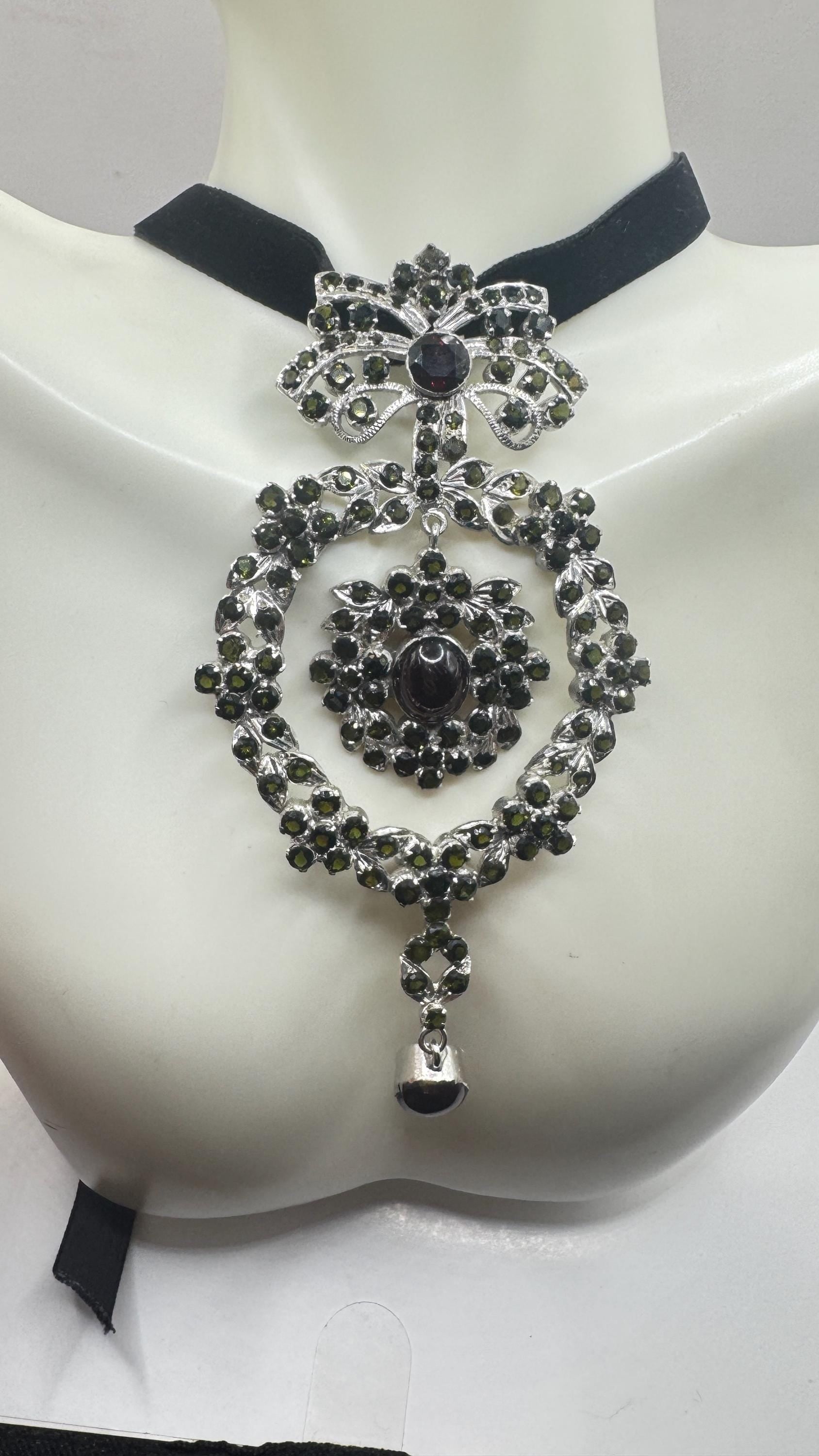 Vintage Green Toumaline 925 Sterling Silver Choker Deco Pendant
