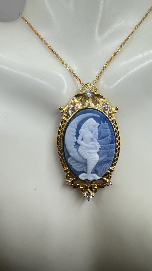Vintage Blue Onyx Mermaid Cameo Golden Sterling Silver Necklace Choker Pin