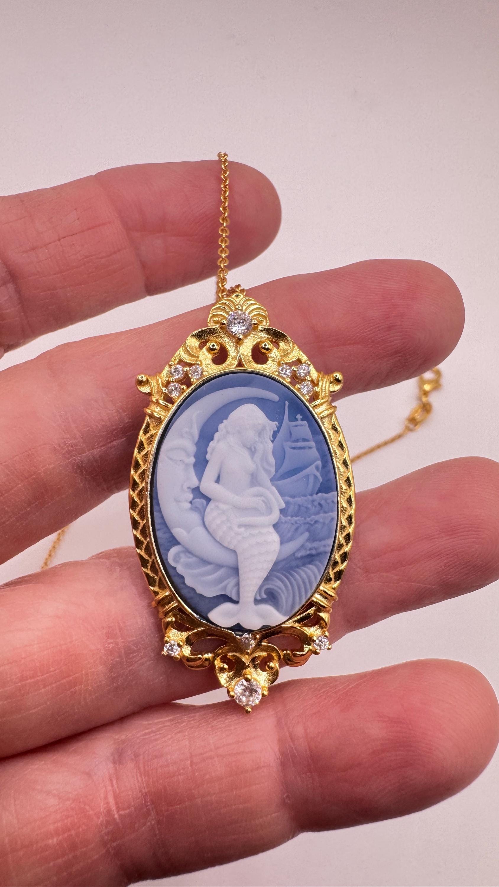 Vintage Blue Onyx Mermaid Cameo Golden Sterling Silver Necklace Choker Pin