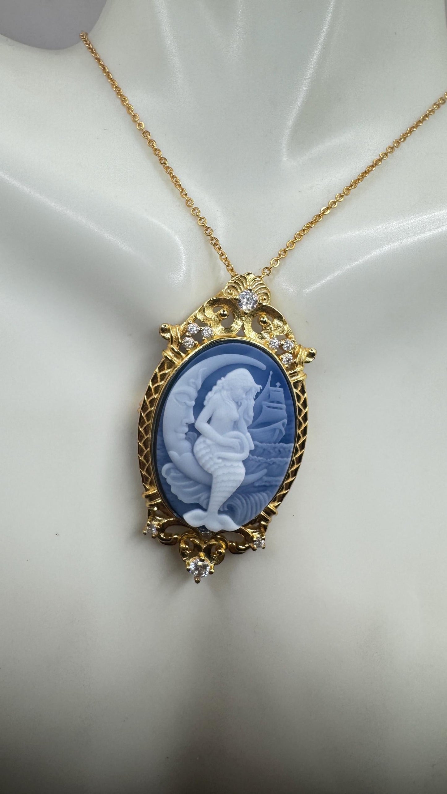 Vintage Blue Onyx Mermaid Cameo Golden Sterling Silver Necklace Choker Pin