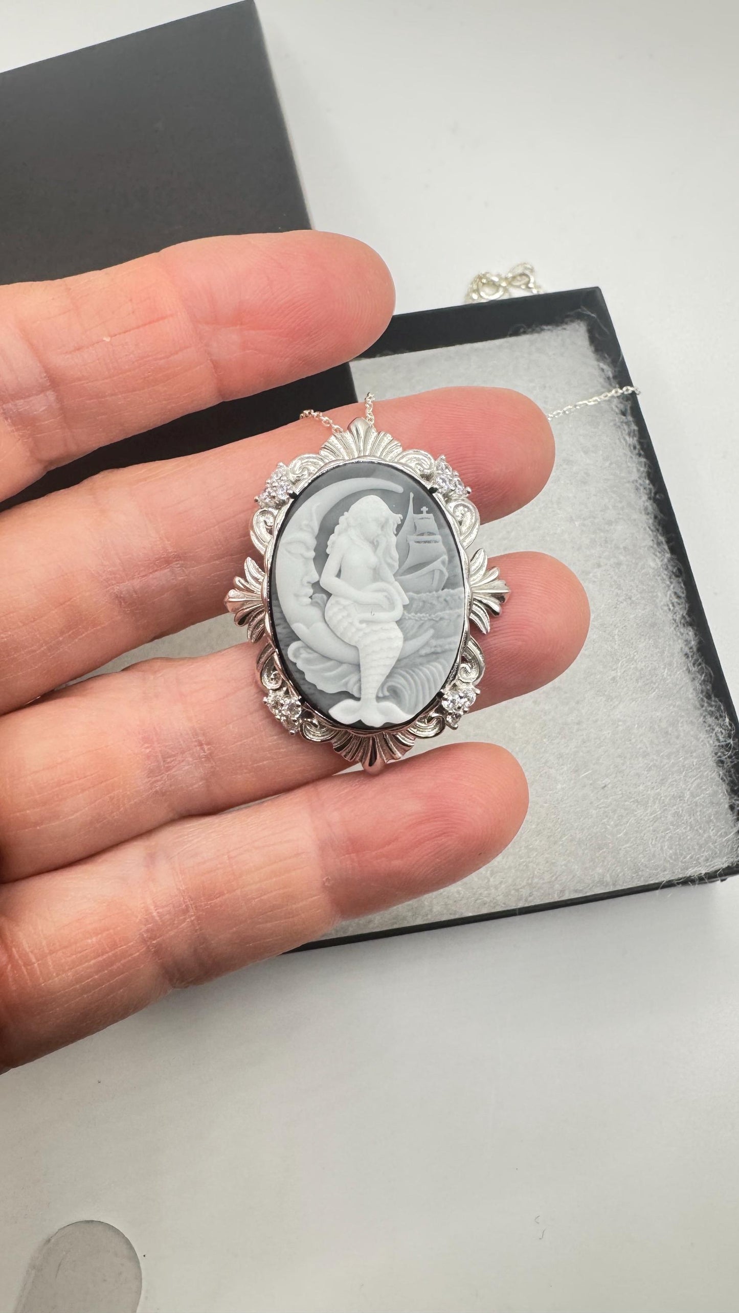 Vintage Black Onyx Mermaid Cameo Sterling Silver Necklace Choker