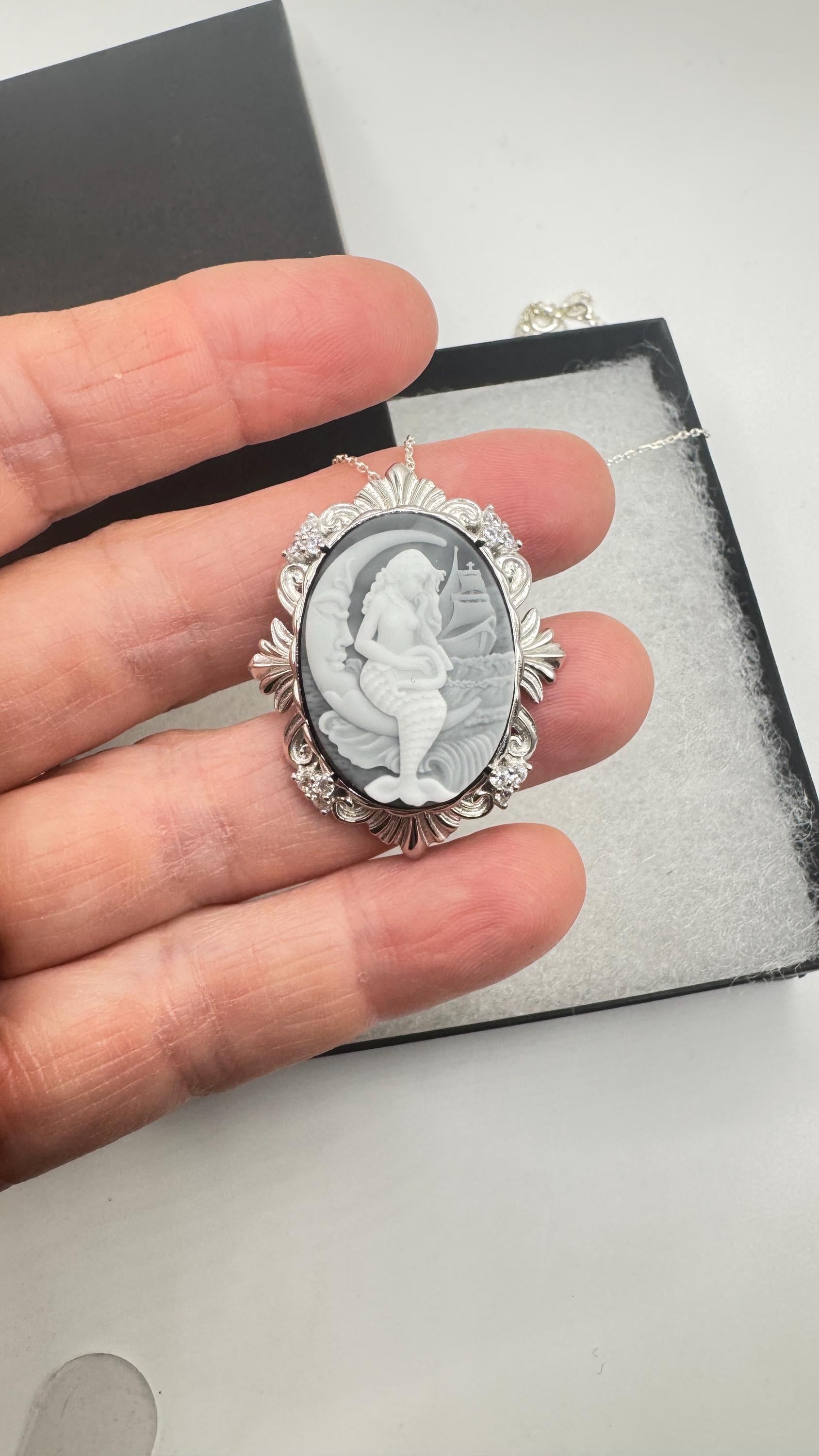 Vintage Black Onyx Mermaid Cameo Sterling Silver Necklace Choker
