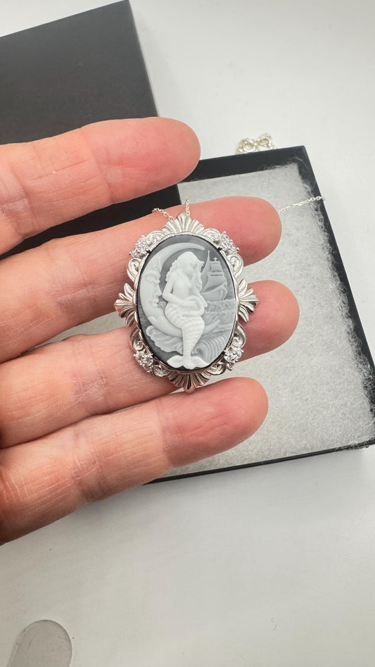 Vintage Black Onyx Mermaid Cameo Sterling Silver Necklace Choker