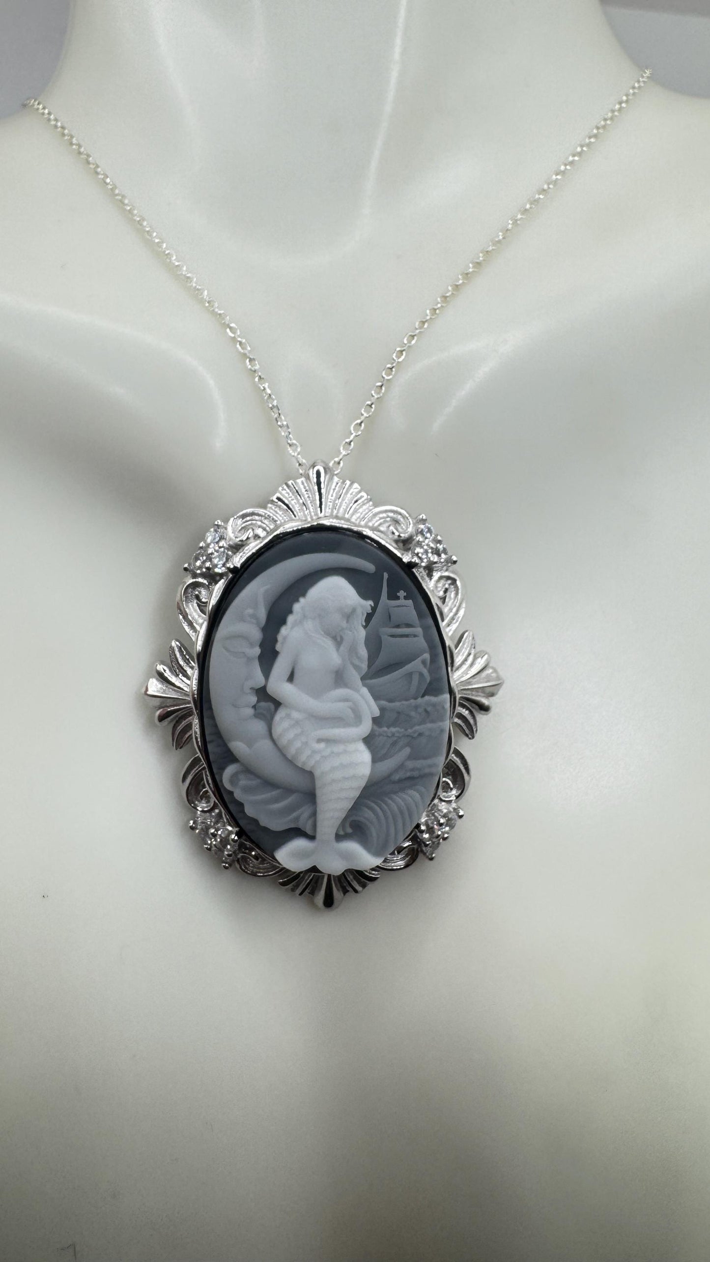 Vintage Black Onyx Mermaid Cameo Sterling Silver Necklace Choker