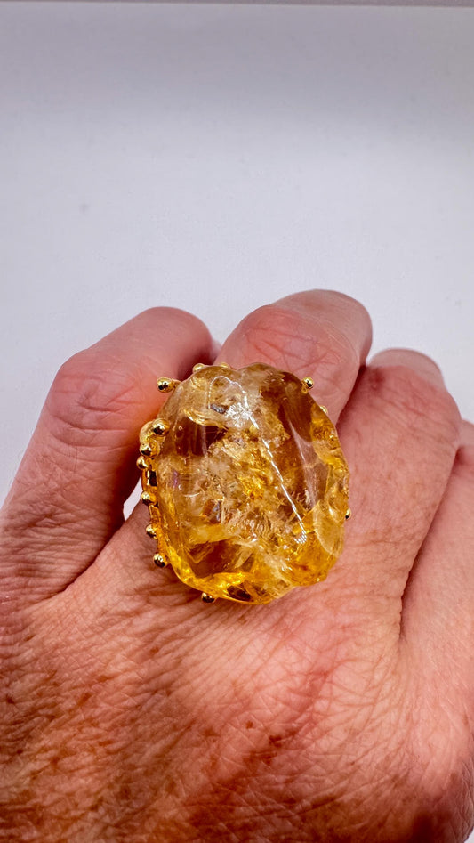 Vintage Clear Citrine Quartz Cocktail Ring Adjustable