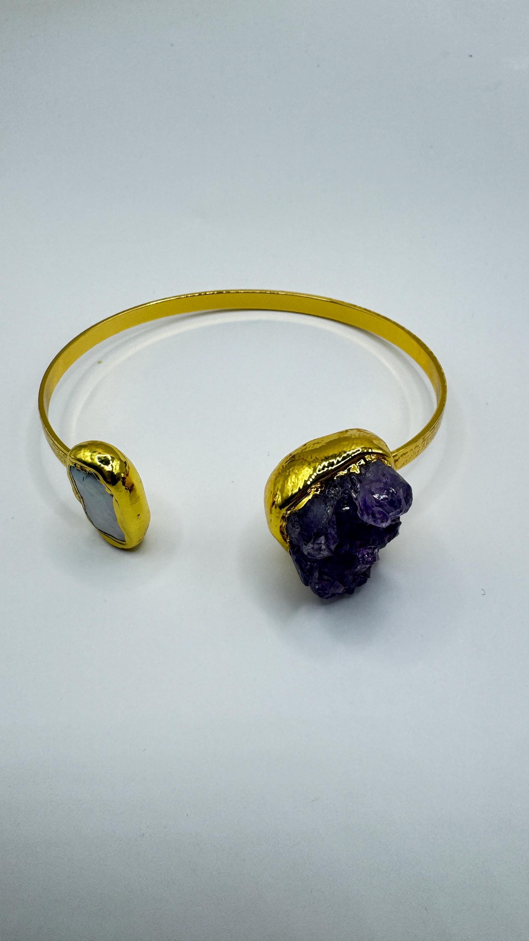Vintage Pearl Amethyst Cuff Bangle Bracelet Golden 925 Sterling Silver