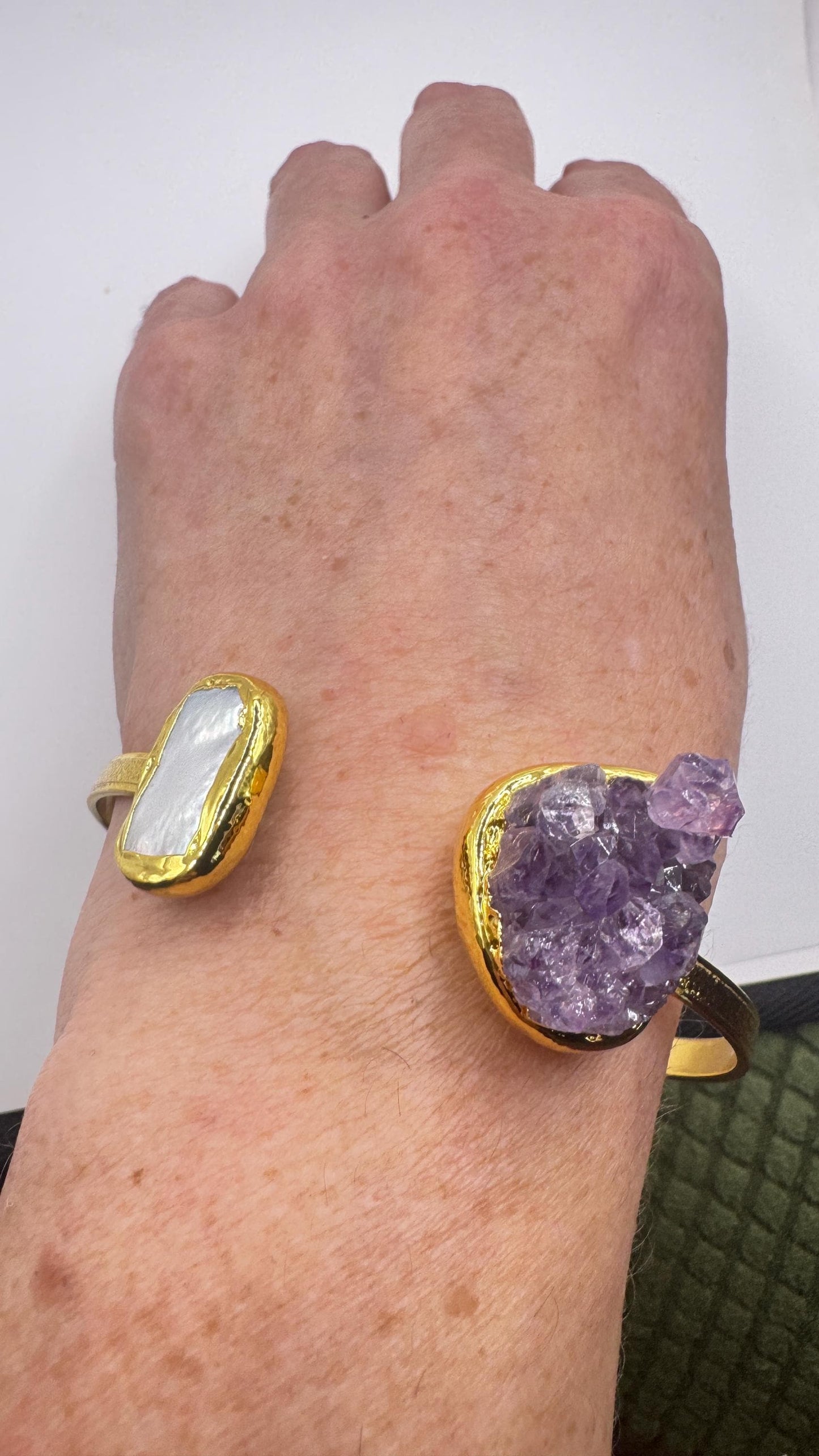 Vintage Pearl Amethyst Cuff Bangle Bracelet Golden 925 Sterling Silver