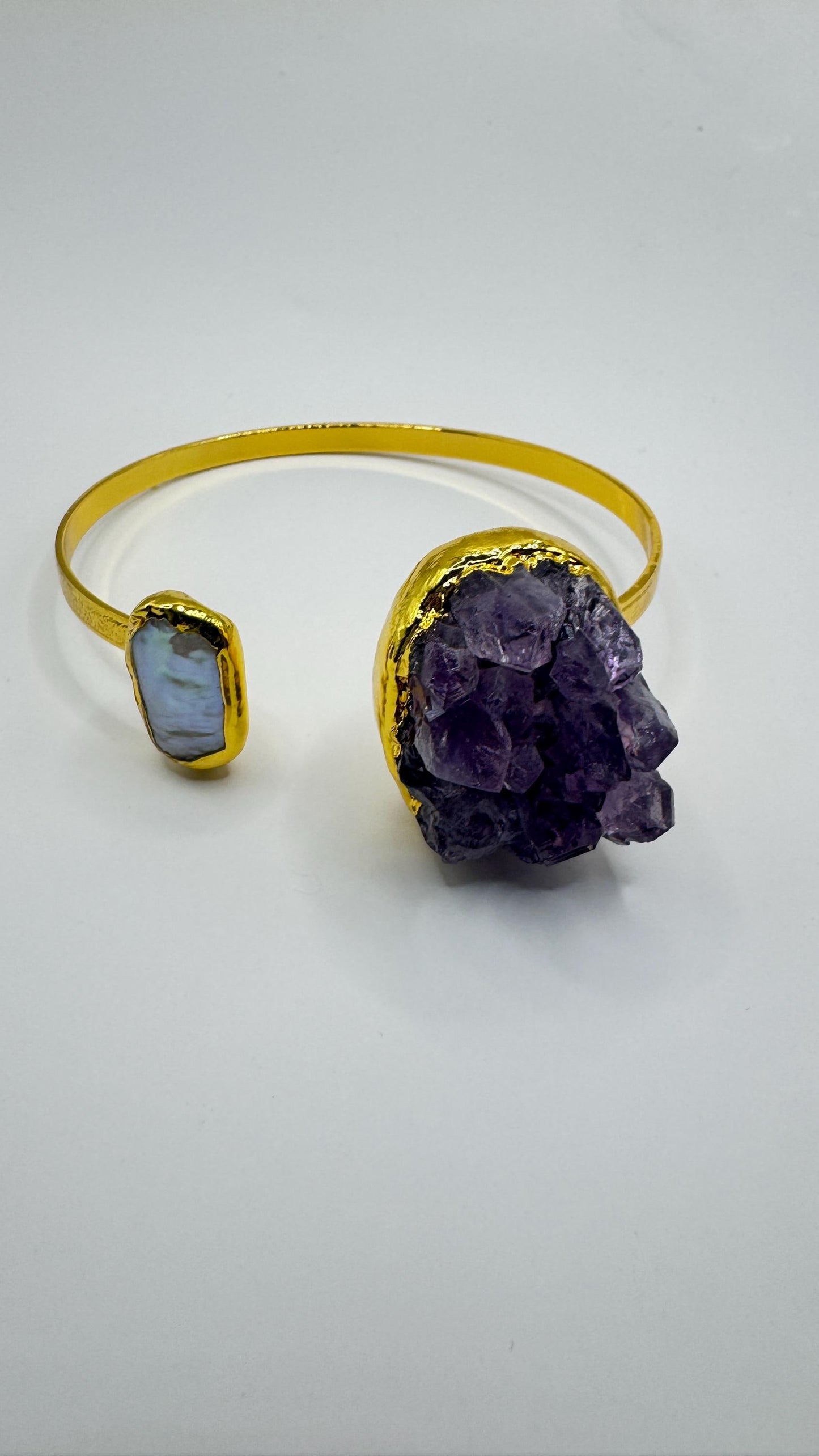 Vintage Pearl Amethyst Cuff Bangle Bracelet Golden 925 Sterling Silver