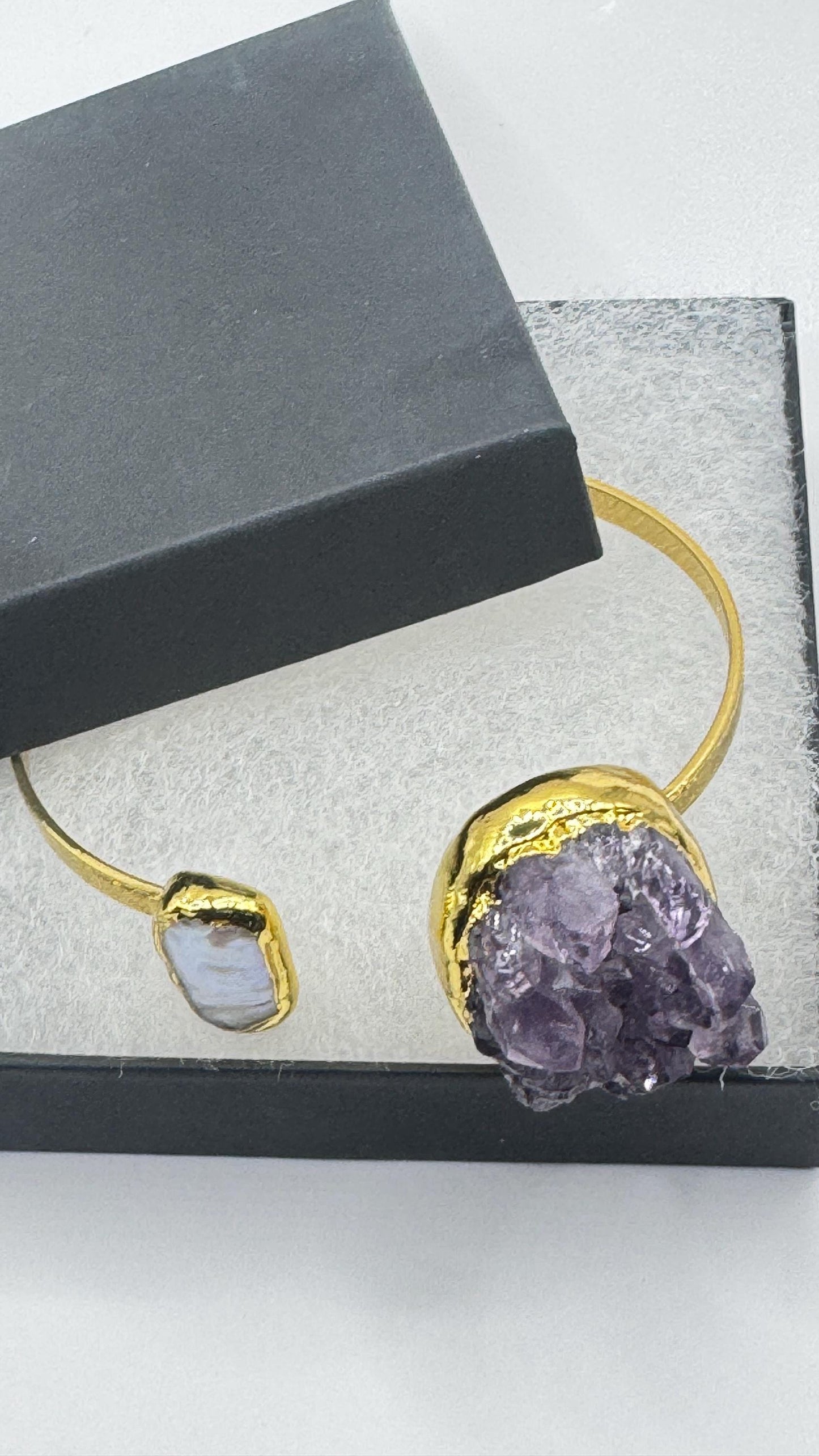 Vintage Pearl Amethyst Cuff Bangle Bracelet Golden 925 Sterling Silver