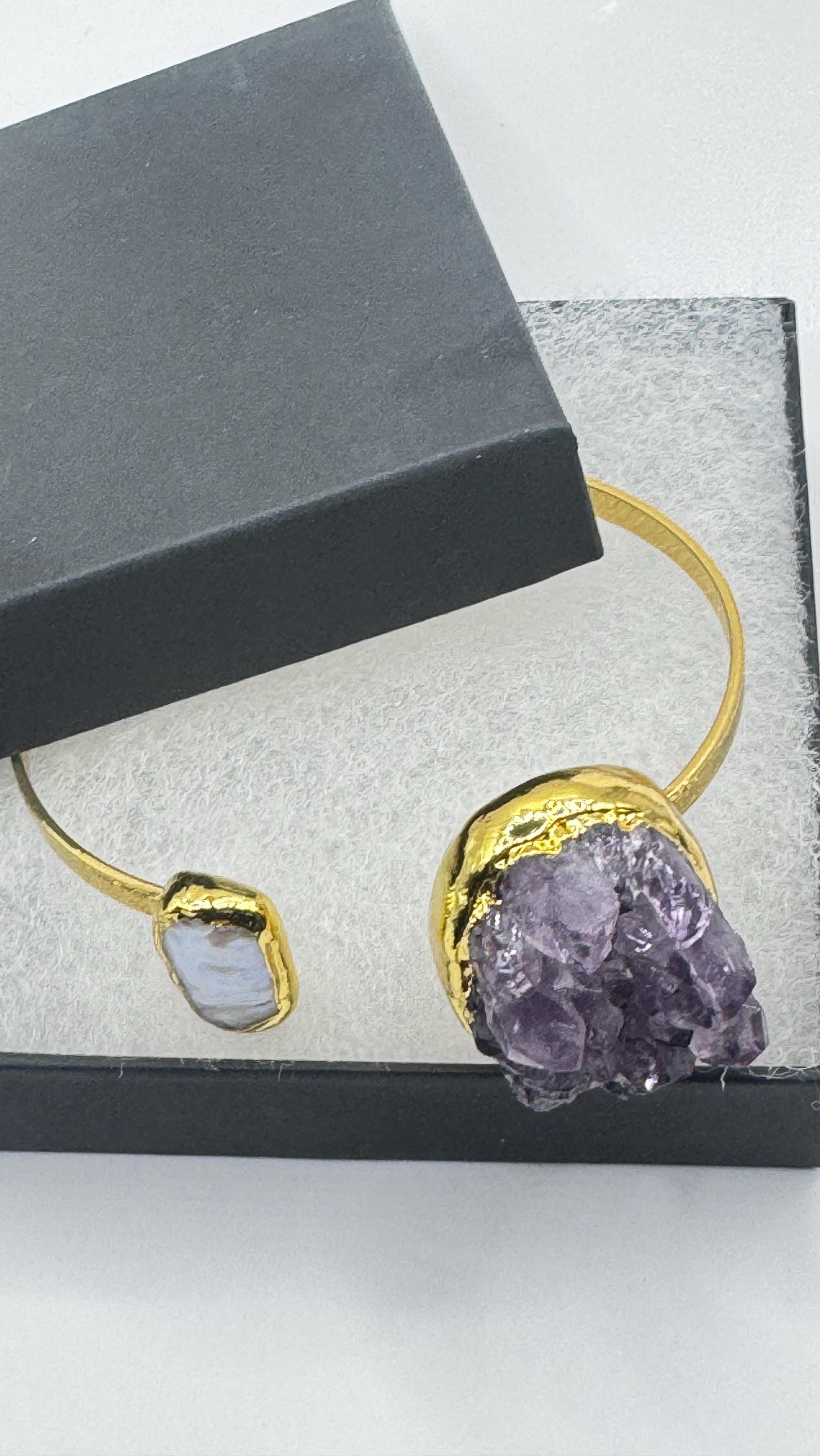 Vintage Pearl Amethyst Cuff Bangle Bracelet Golden 925 Sterling Silver