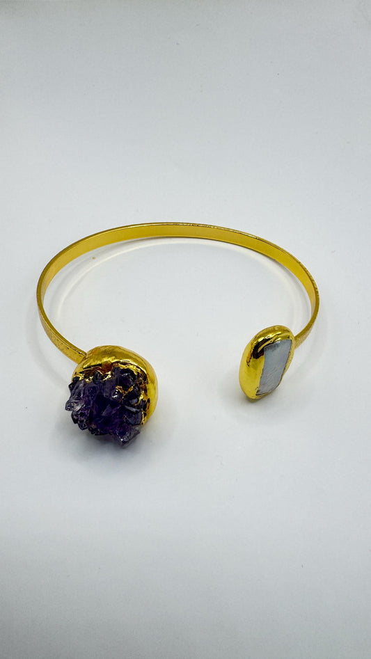 Vintage Pearl Amethyst Cuff Bangle Bracelet Golden 925 Sterling Silver