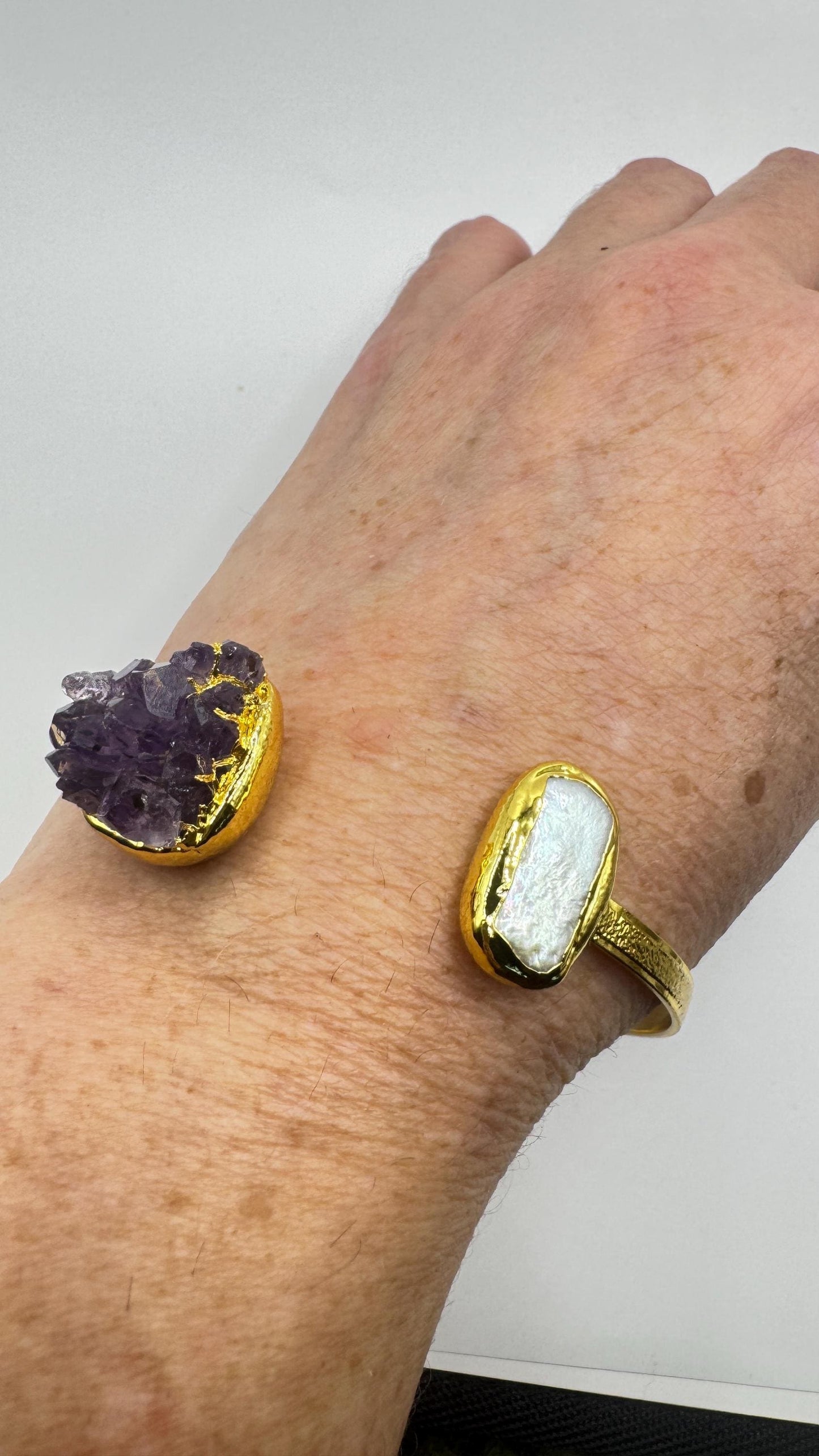 Vintage Pearl Amethyst Cuff Bangle Bracelet Golden 925 Sterling Silver