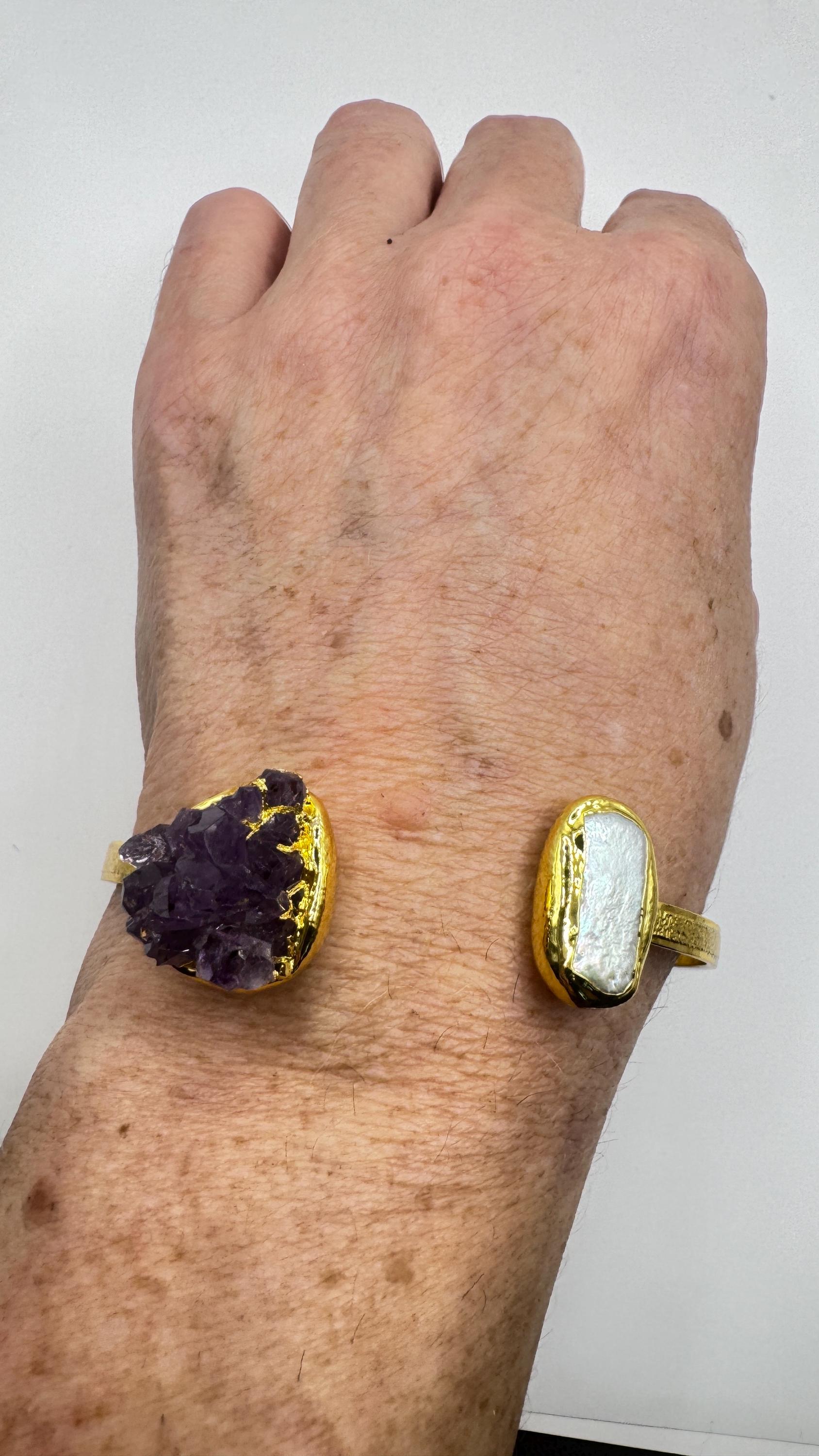 Vintage Pearl Amethyst Cuff Bangle Bracelet Golden 925 Sterling Silver