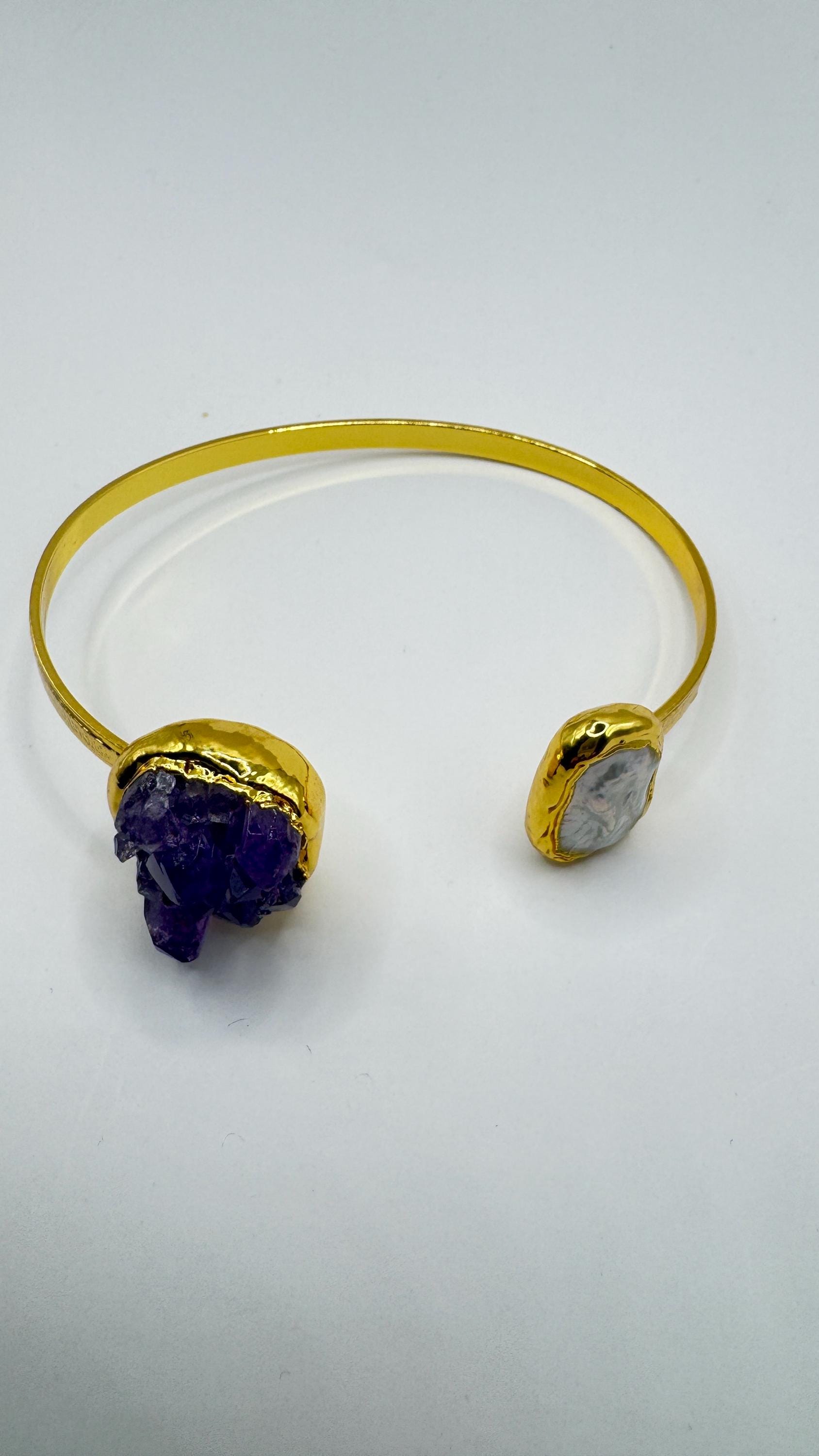 Vintage Pearl Amethyst Cuff Bangle Bracelet Golden 925 Sterling Silver