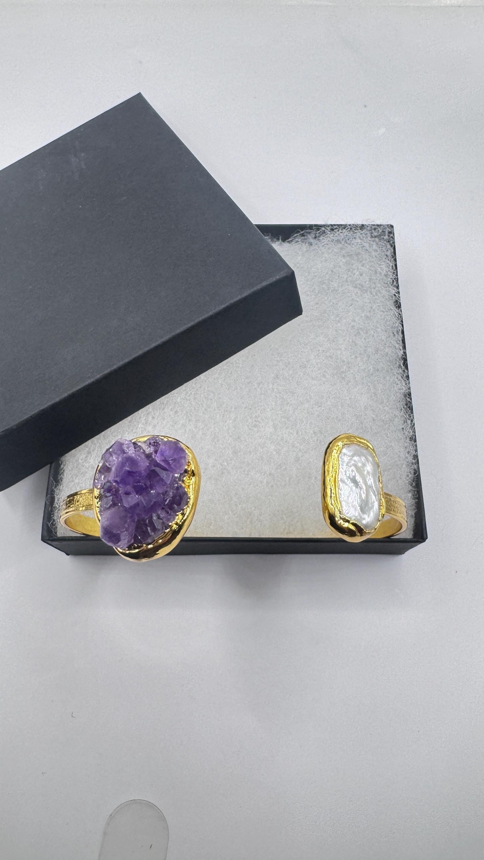 Vintage Pearl Amethyst Cuff Bangle Bracelet Golden 925 Sterling Silver