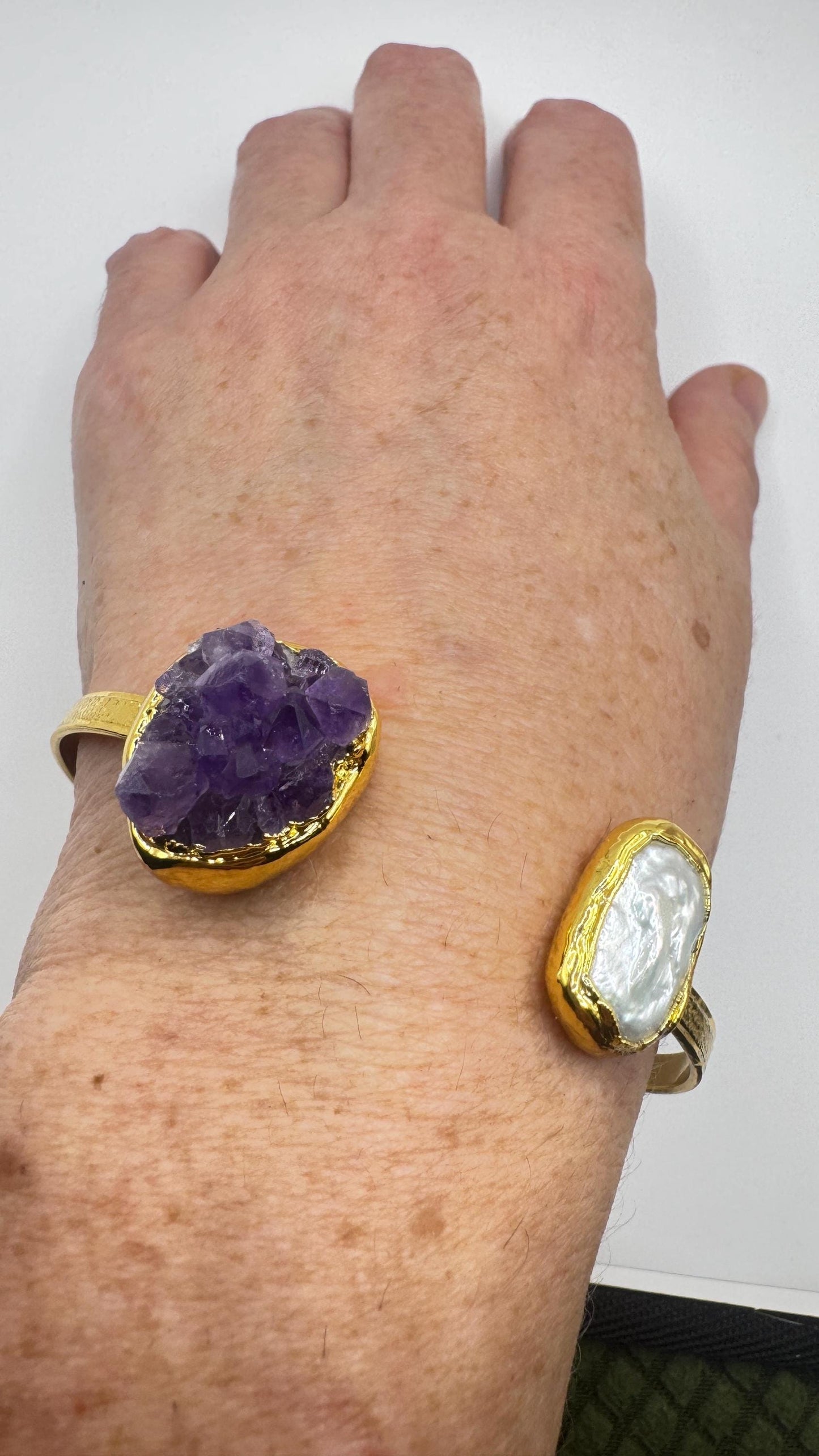 Vintage Pearl Amethyst Cuff Bangle Bracelet Golden 925 Sterling Silver