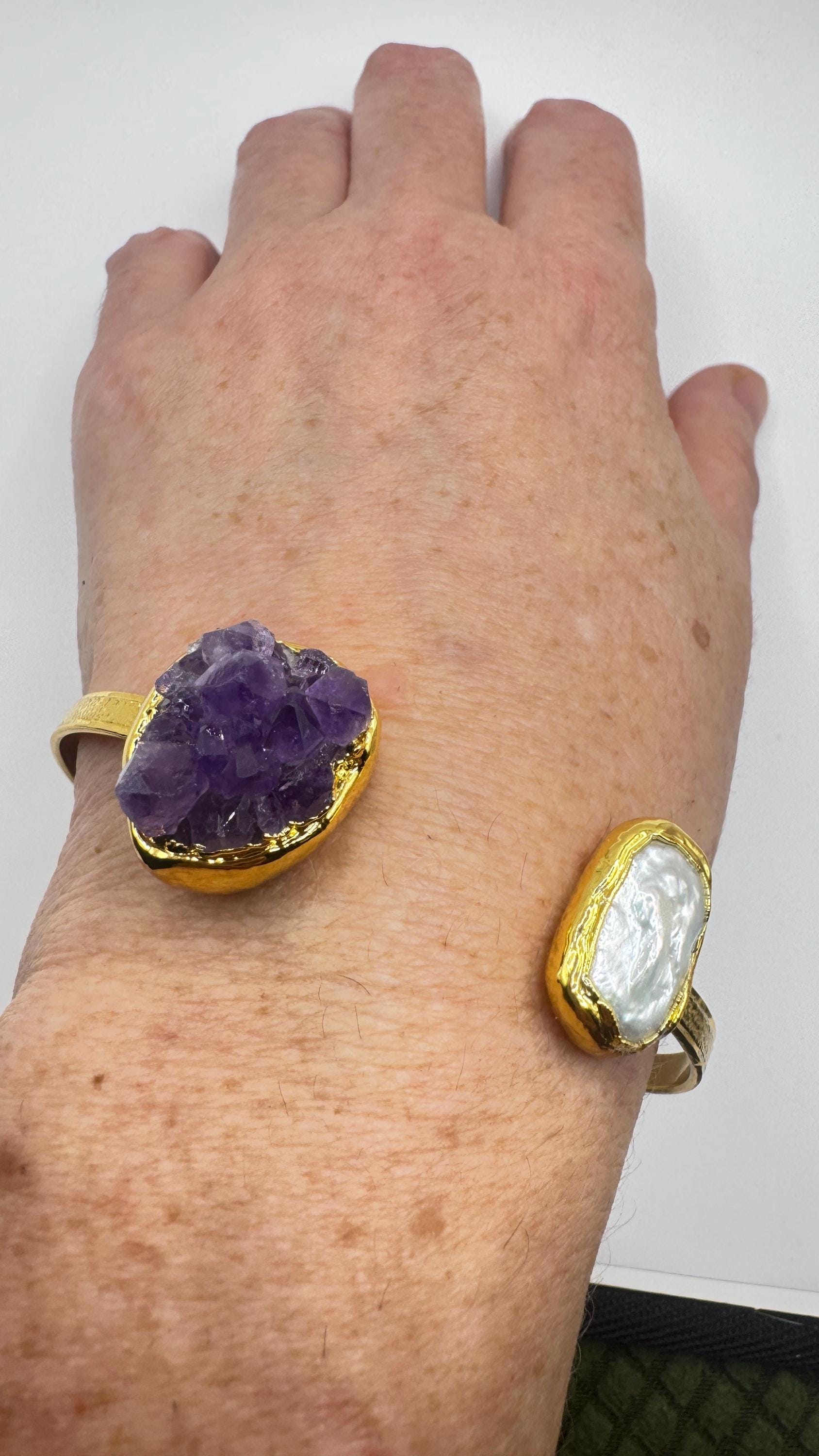 Vintage Pearl Amethyst Cuff Bangle Bracelet Golden 925 Sterling Silver