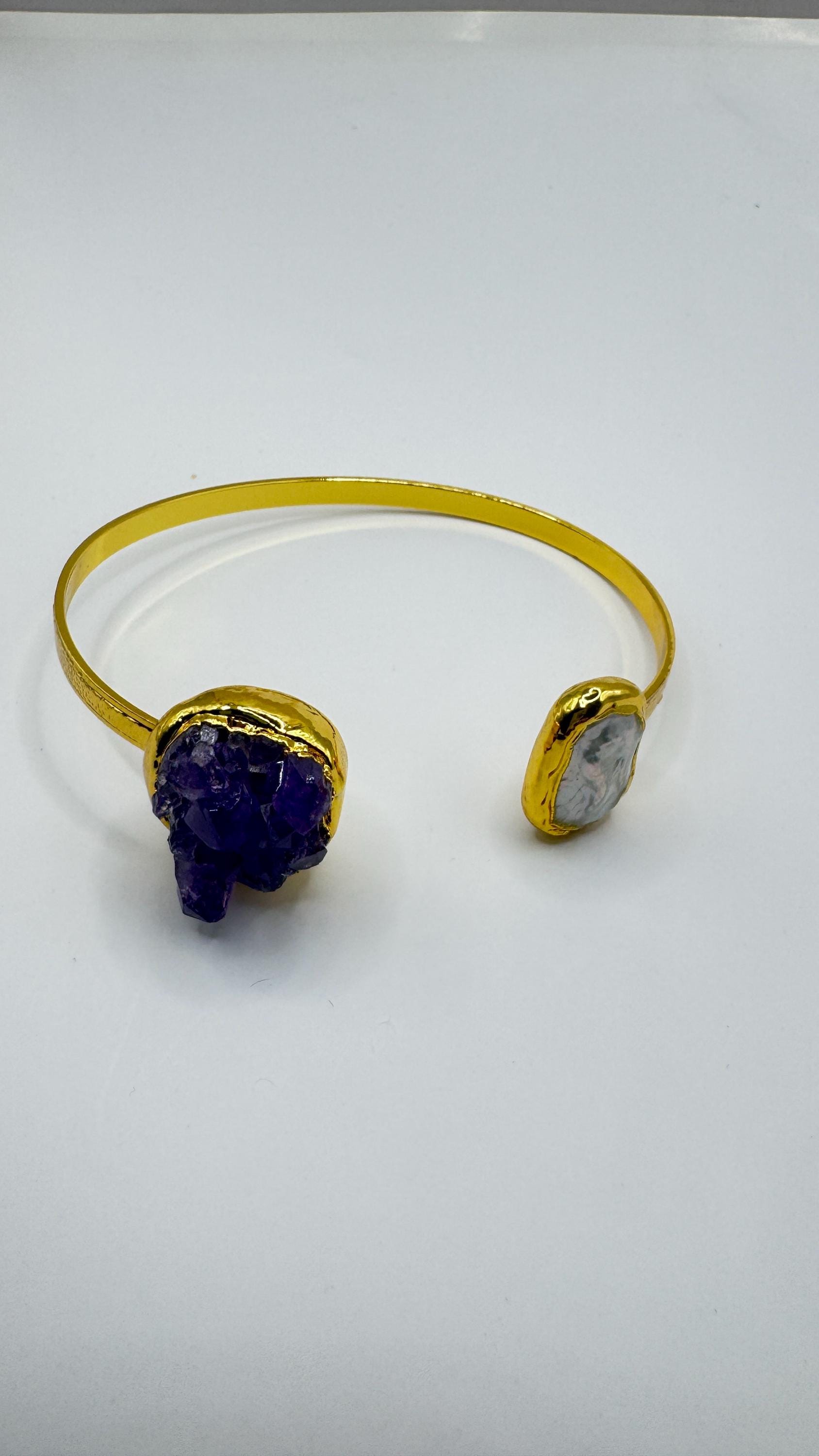 Vintage Pearl Amethyst Cuff Bangle Bracelet Golden 925 Sterling Silver