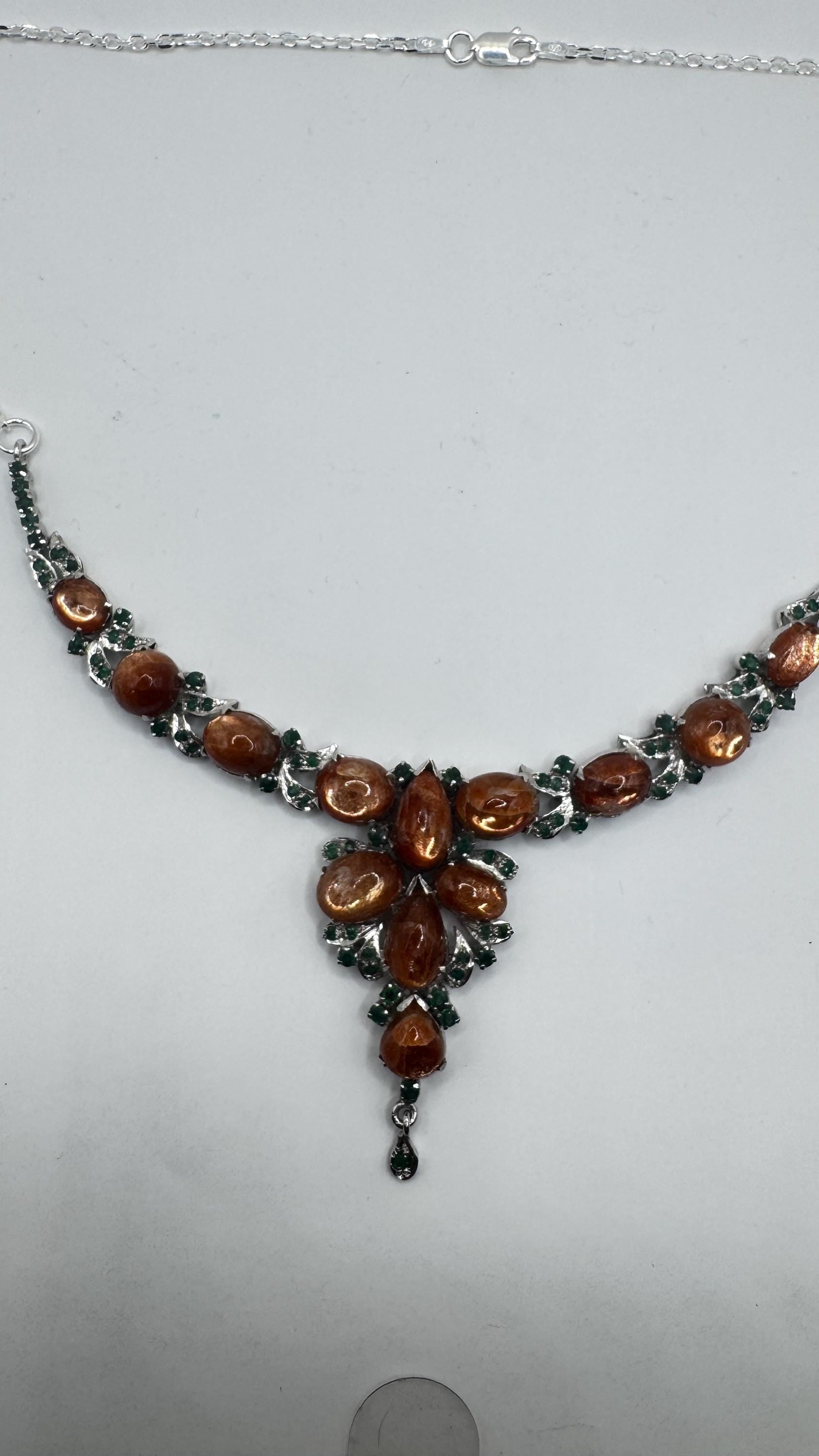 Vintage Sunstone Emerald 925 Sterling Silver Choker Necklace