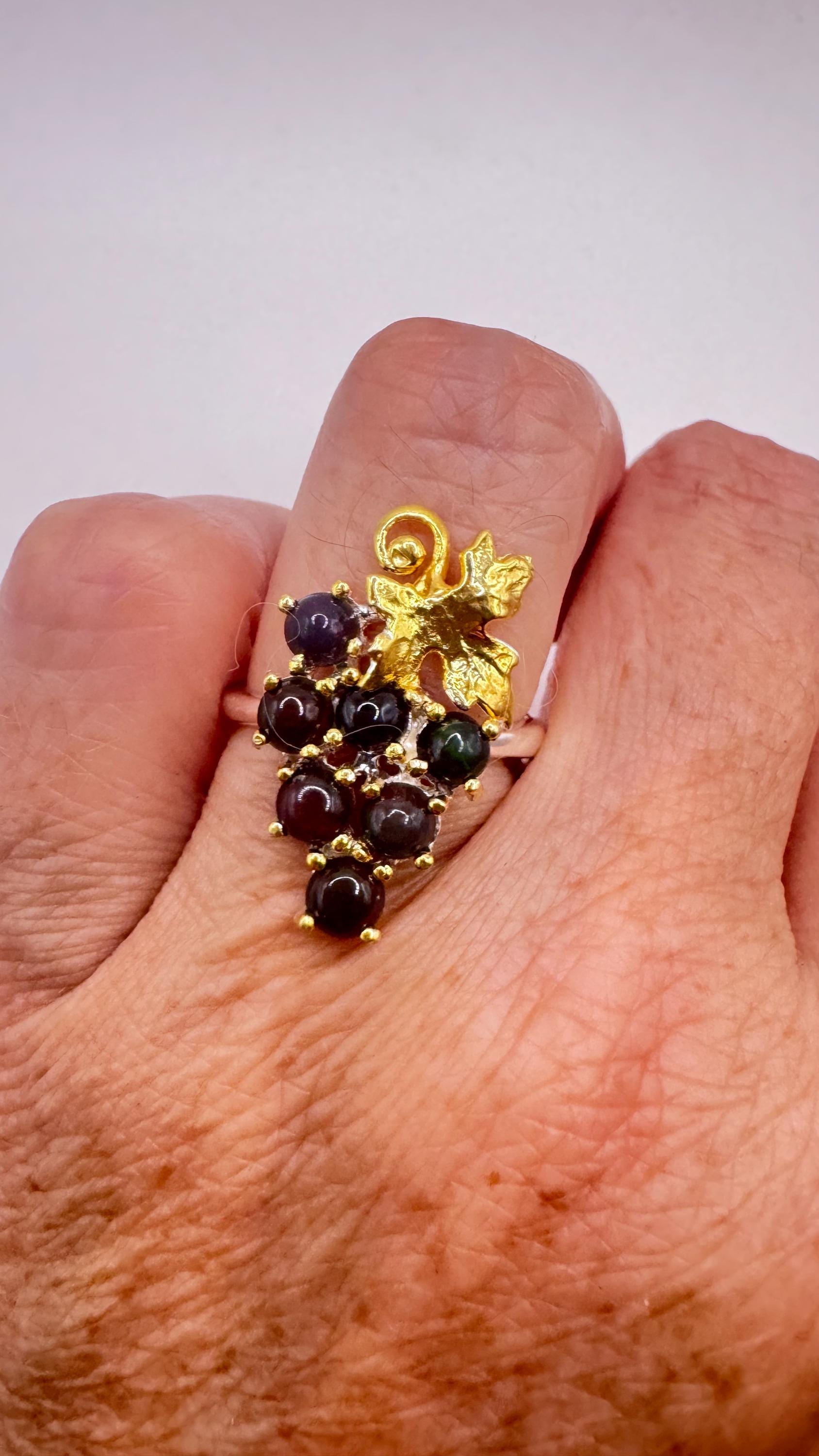 Vintage Black Fire Opal 925 Sterling Silver Grape Ring