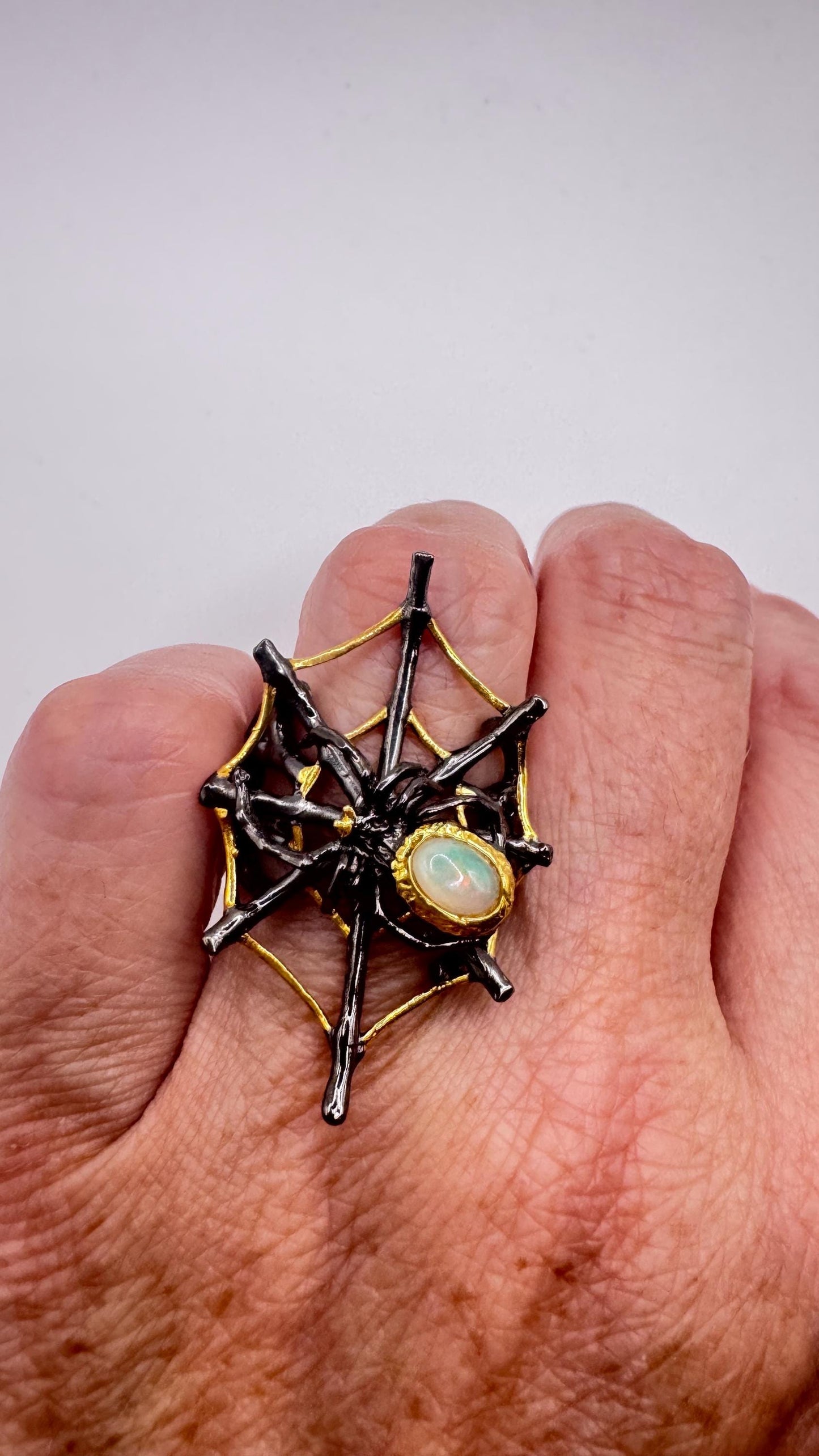 Vintage Fire Opal 925 Sterling Silver Spider Cob Web Ring