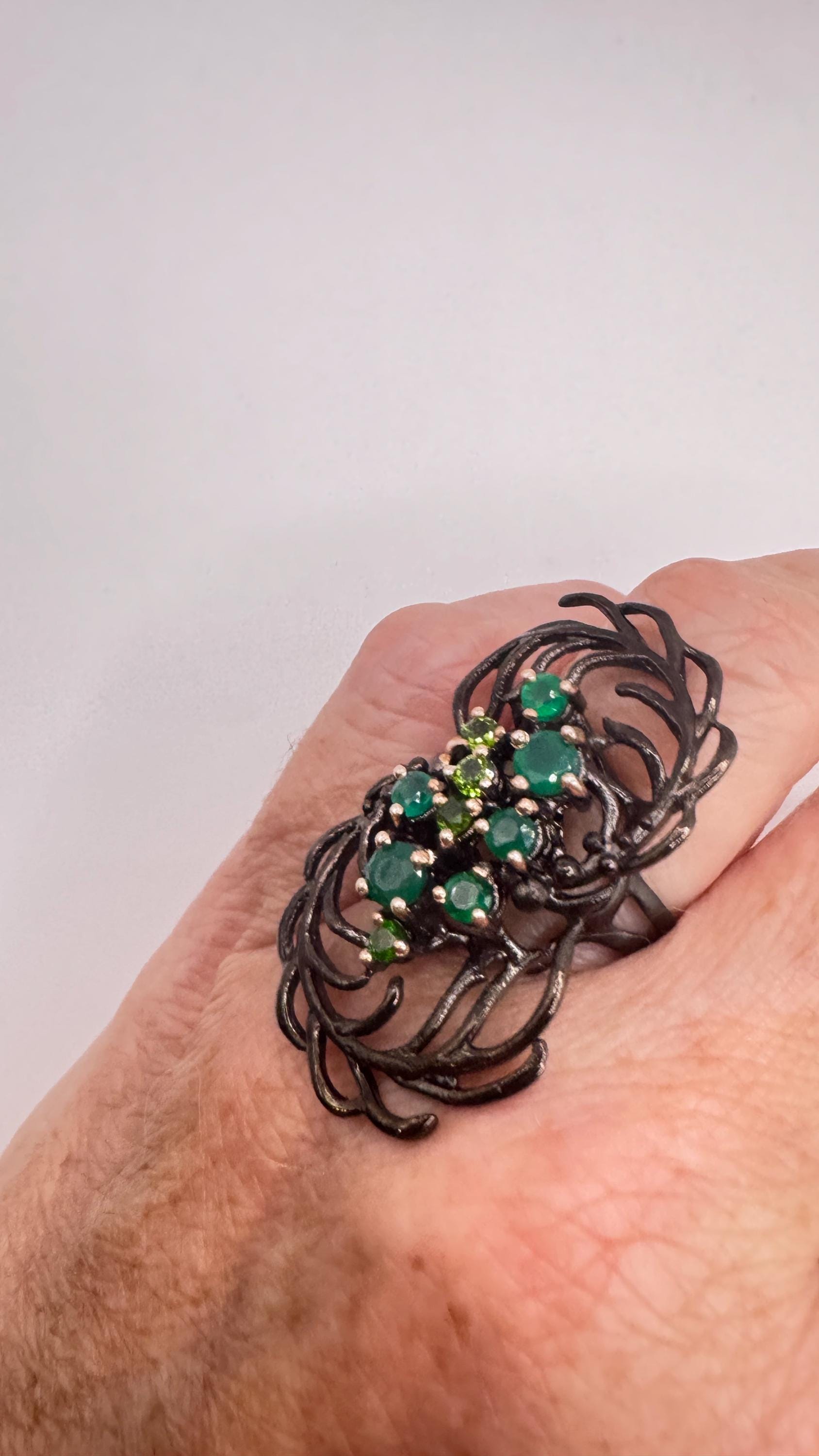 Vintage Green Emerald and Peridot 925 Sterling Silver Cocktail Ring