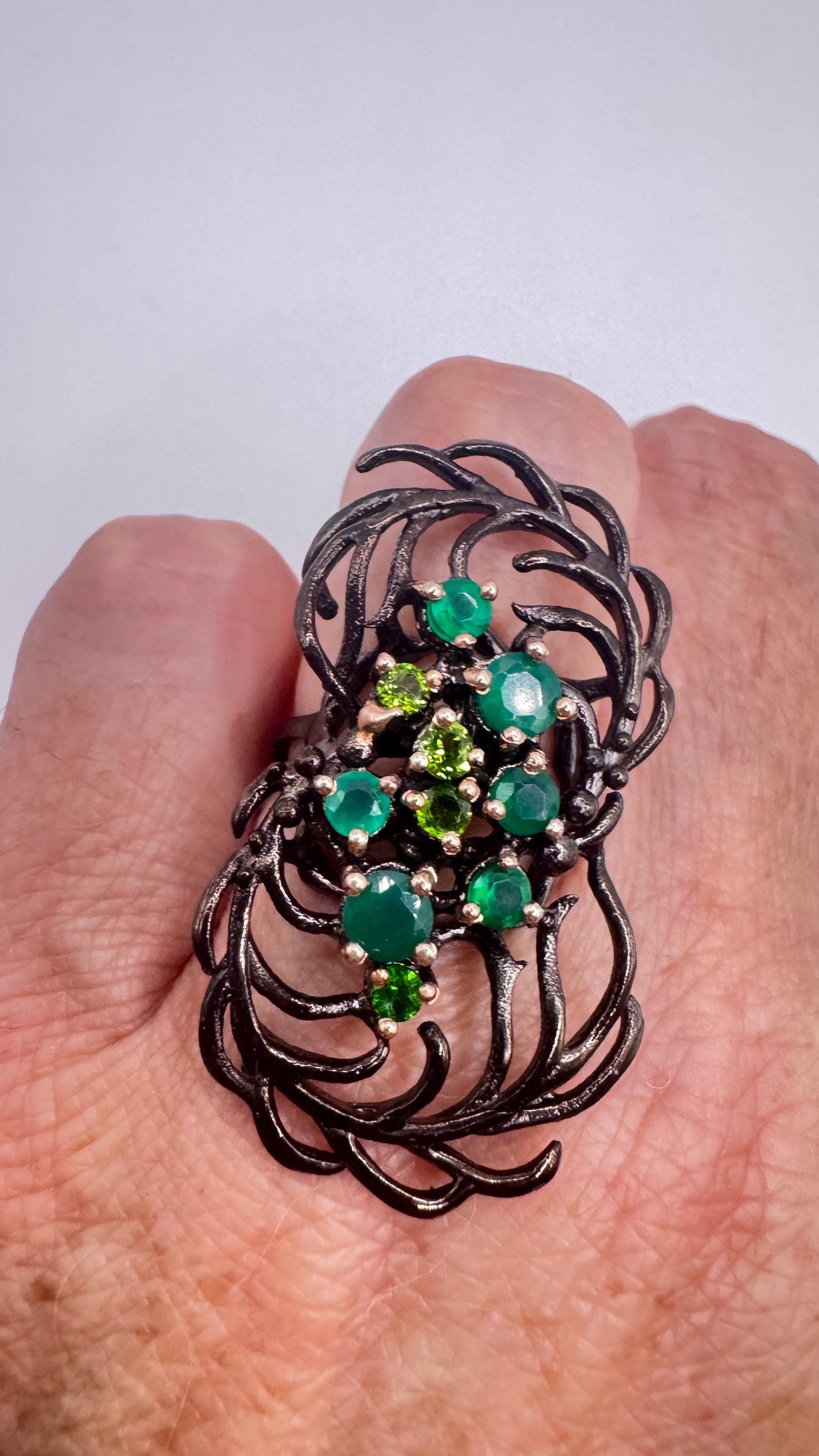 Vintage Green Emerald and Peridot 925 Sterling Silver Cocktail Ring