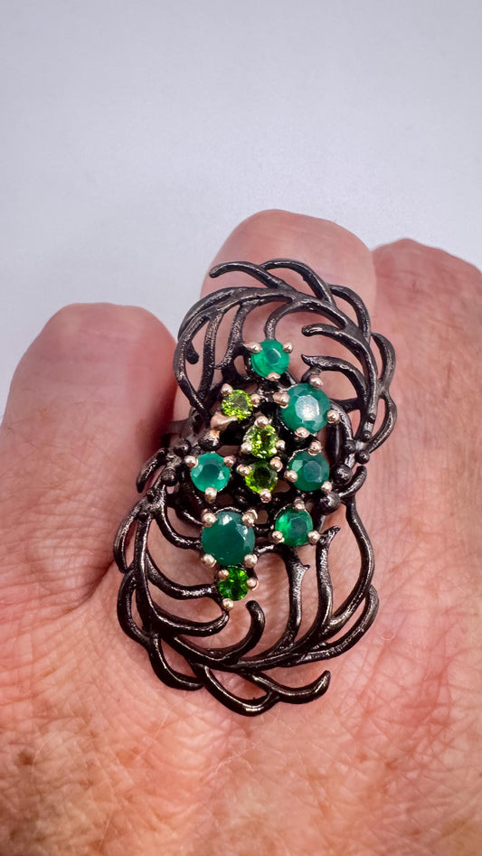 Vintage Green Emerald and Peridot 925 Sterling Silver Cocktail Ring